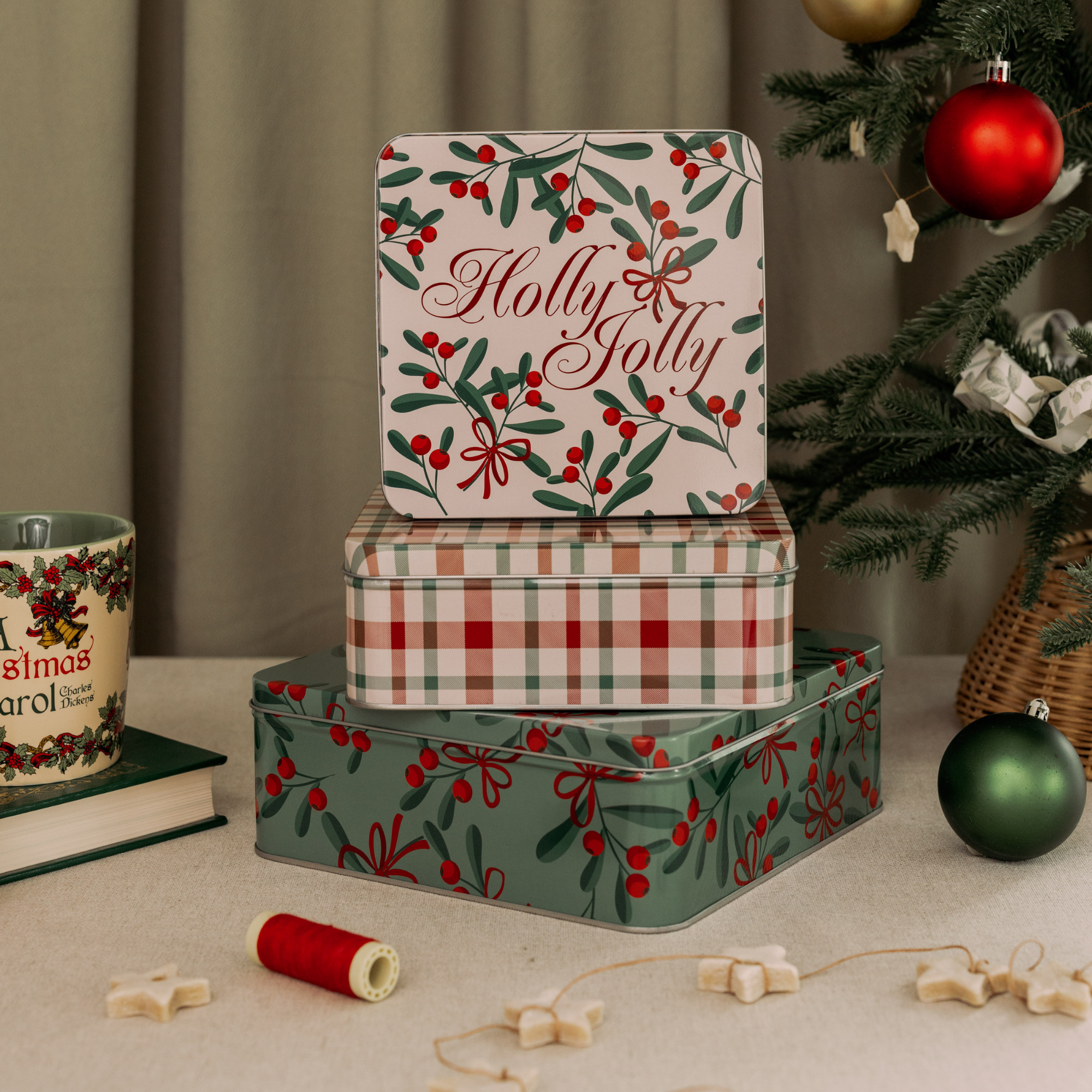 Square Cookie Tins (Set of 3), Holly Jolly