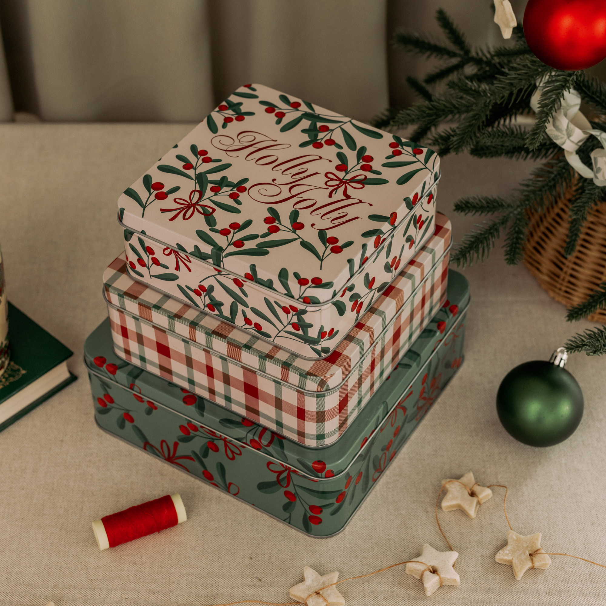 Square Cookie Tins (Set of 3), Holly Jolly