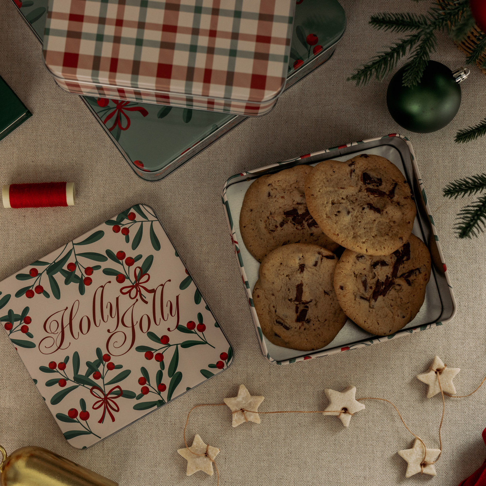 Square Cookie Tins (Set of 3), Holly Jolly