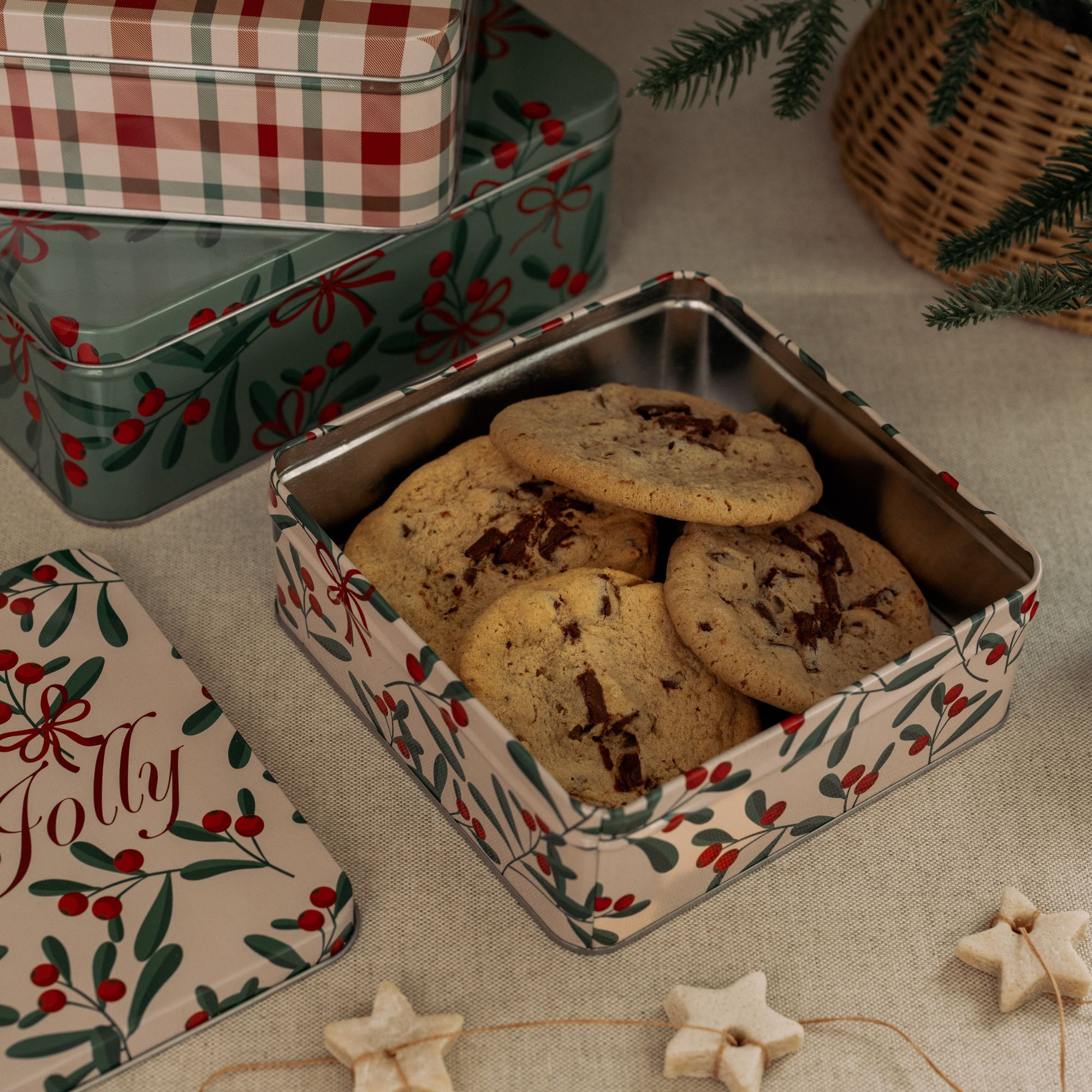Square Cookie Tins (Set of 3), Holly Jolly