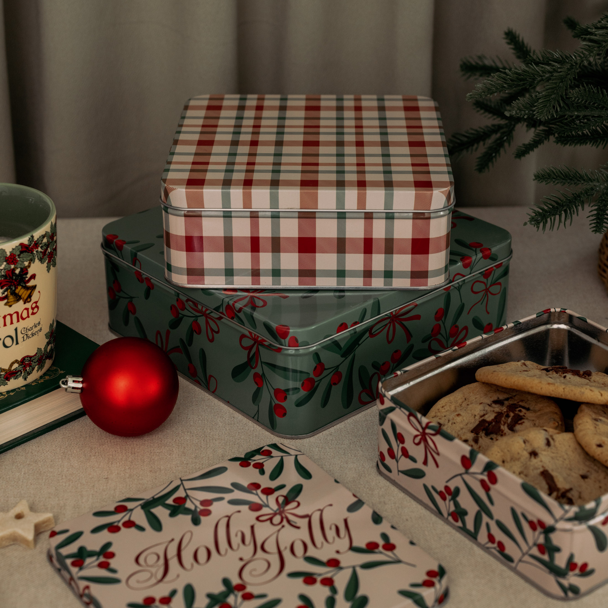 Square Cookie Tins (Set of 3), Holly Jolly