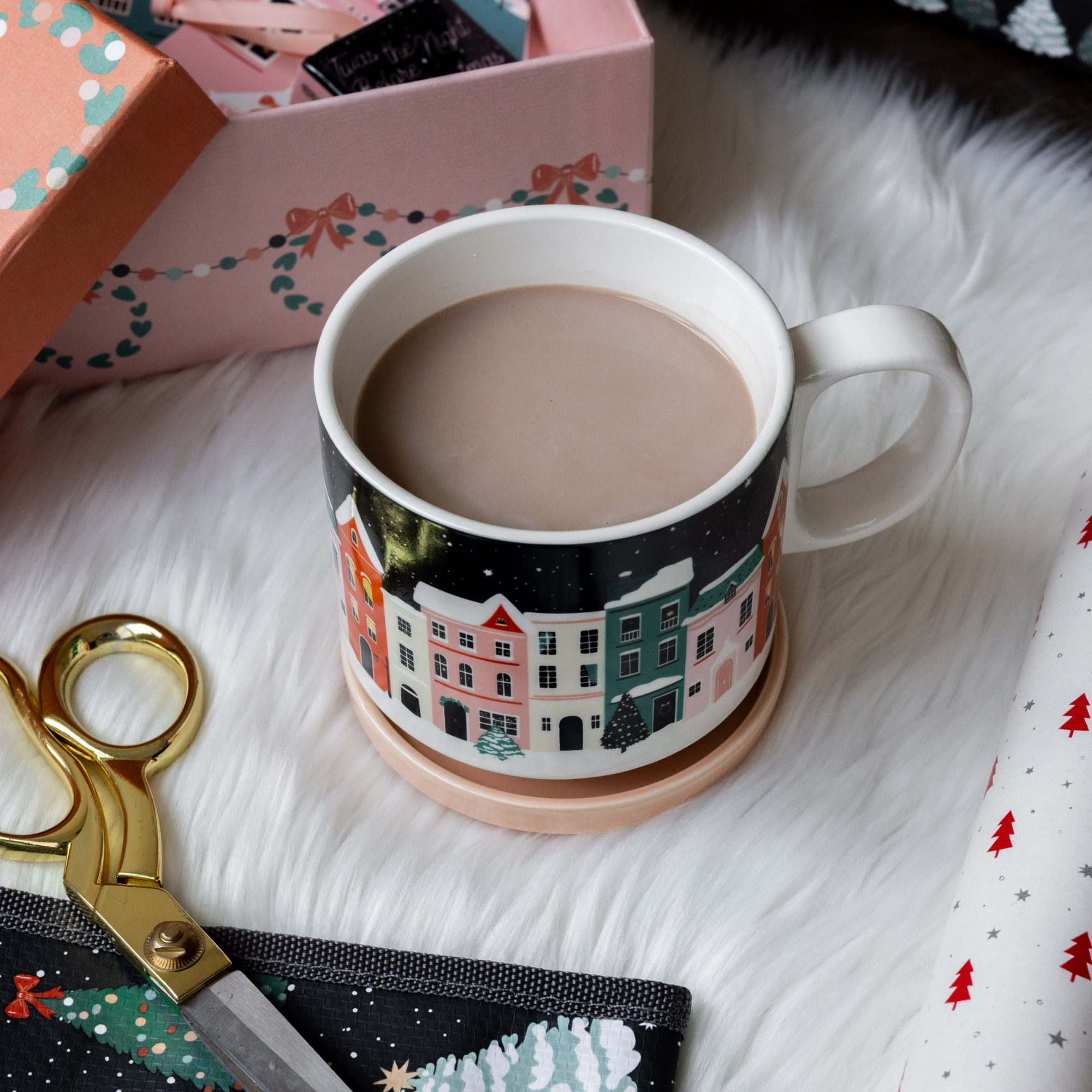 Ceramic Mug with Coaster Lid, Holiday Village