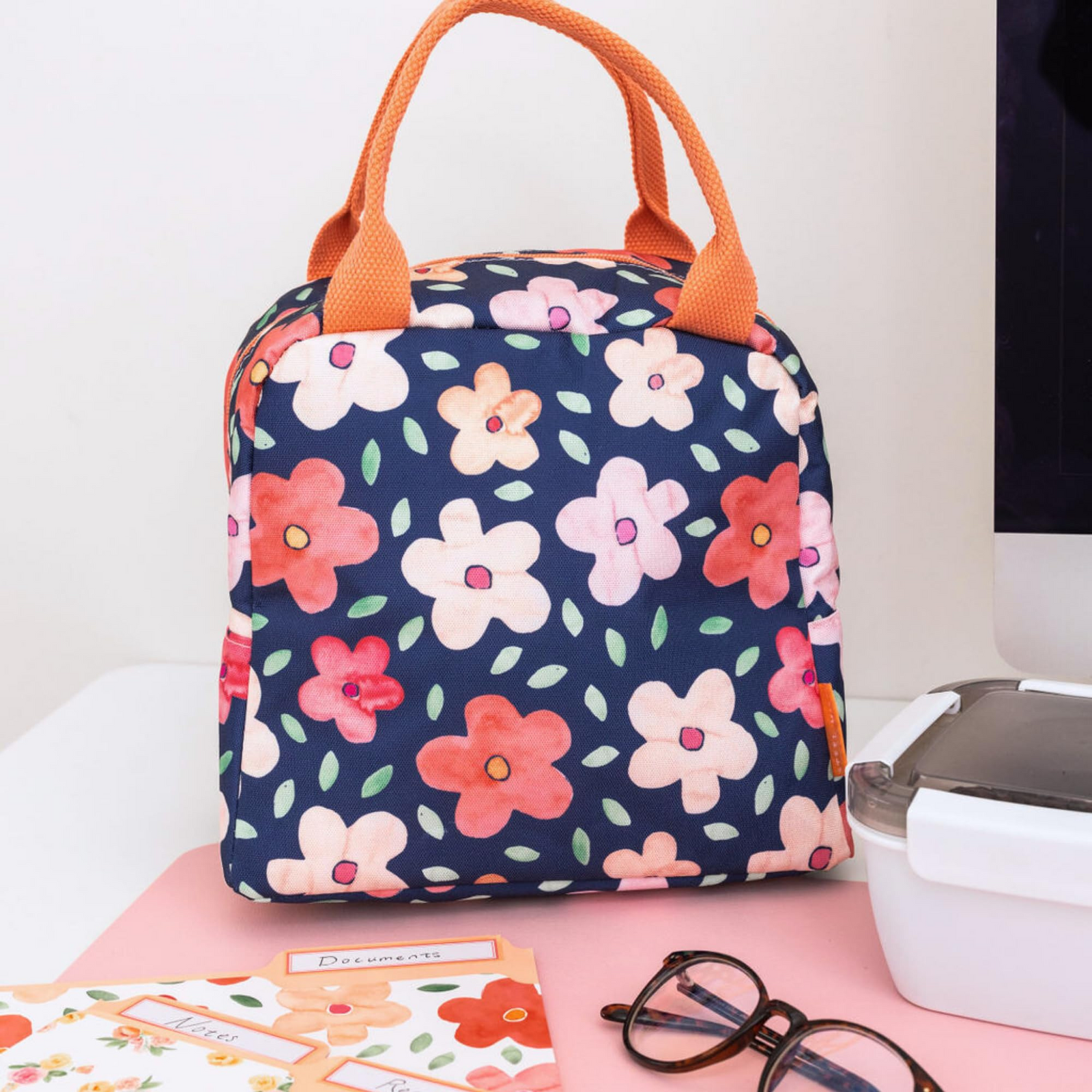 Lunch Tote, Navy Bold Floral