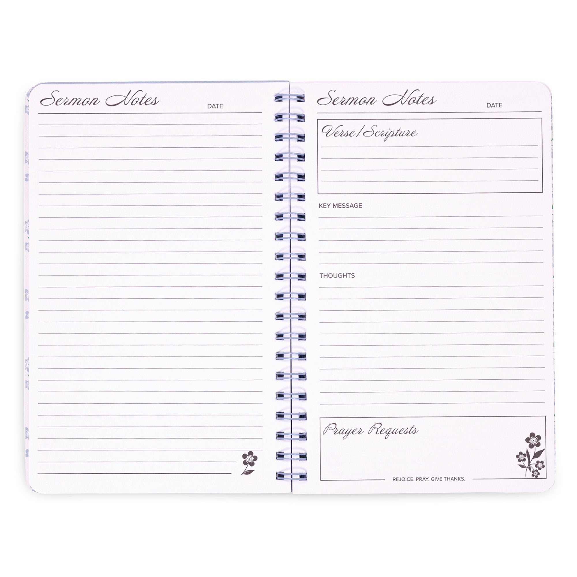 Open spiral-bound notebook with sermon notes layout on white background