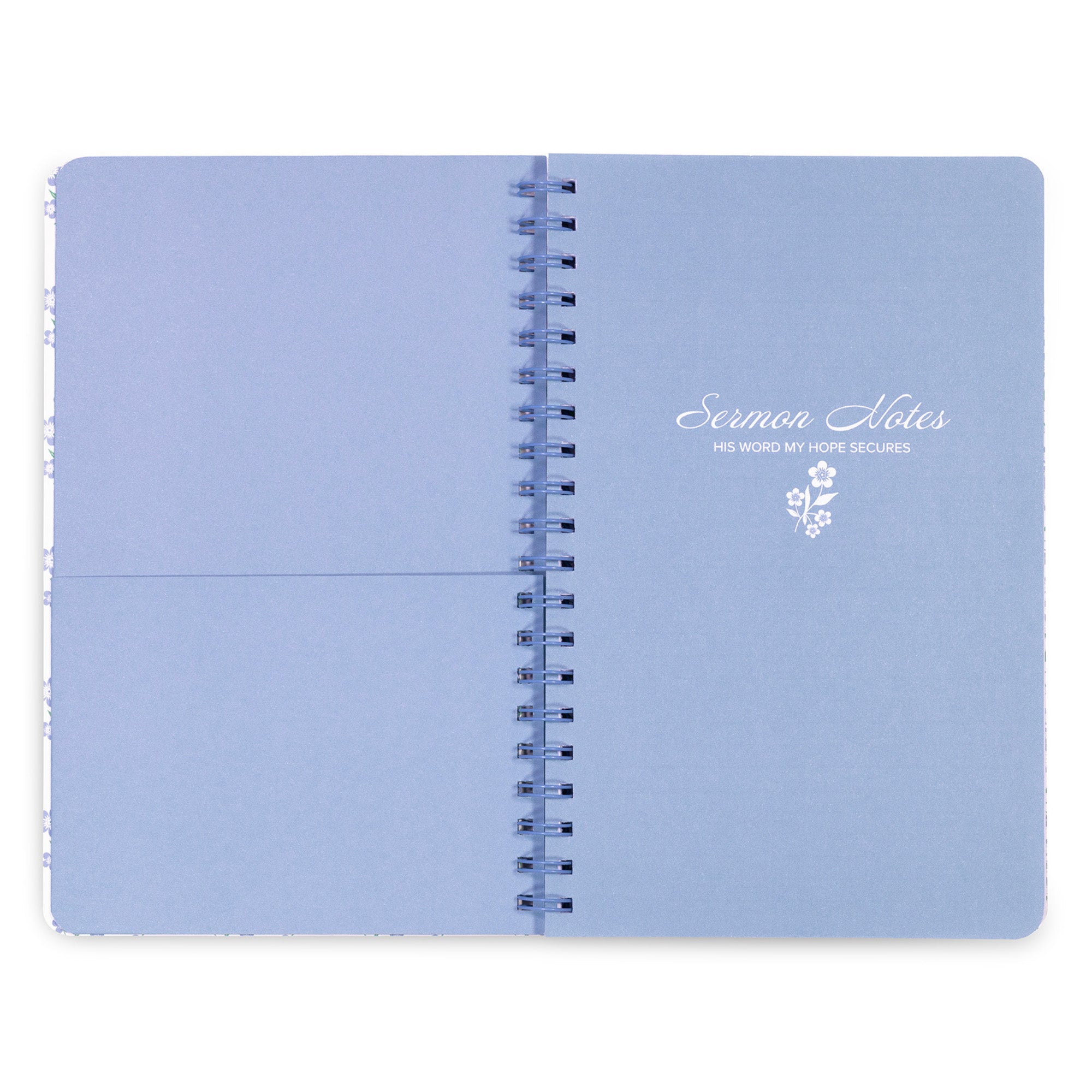 Light blue notebook with spiral binding and text on a white background