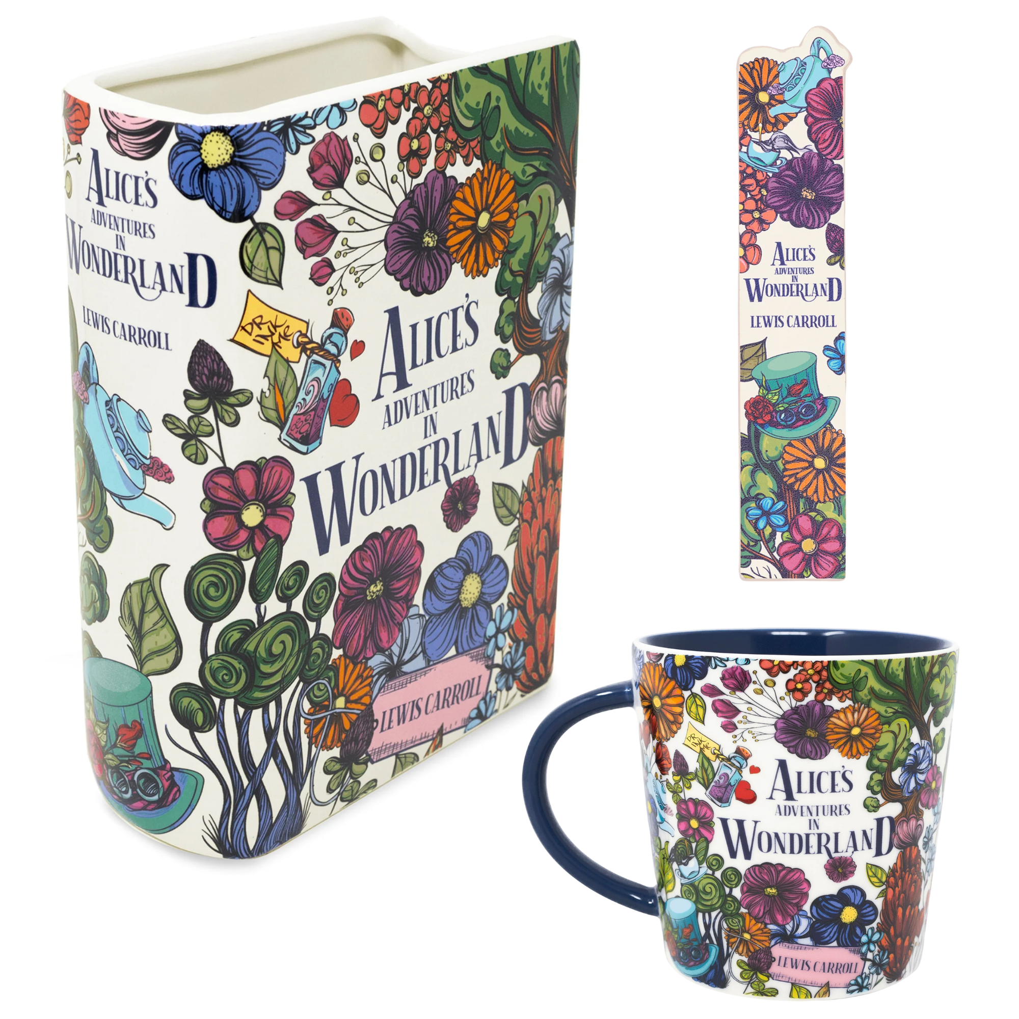 Alice's Adventures in Wonderland Vase, Mug, and Bookmark Set