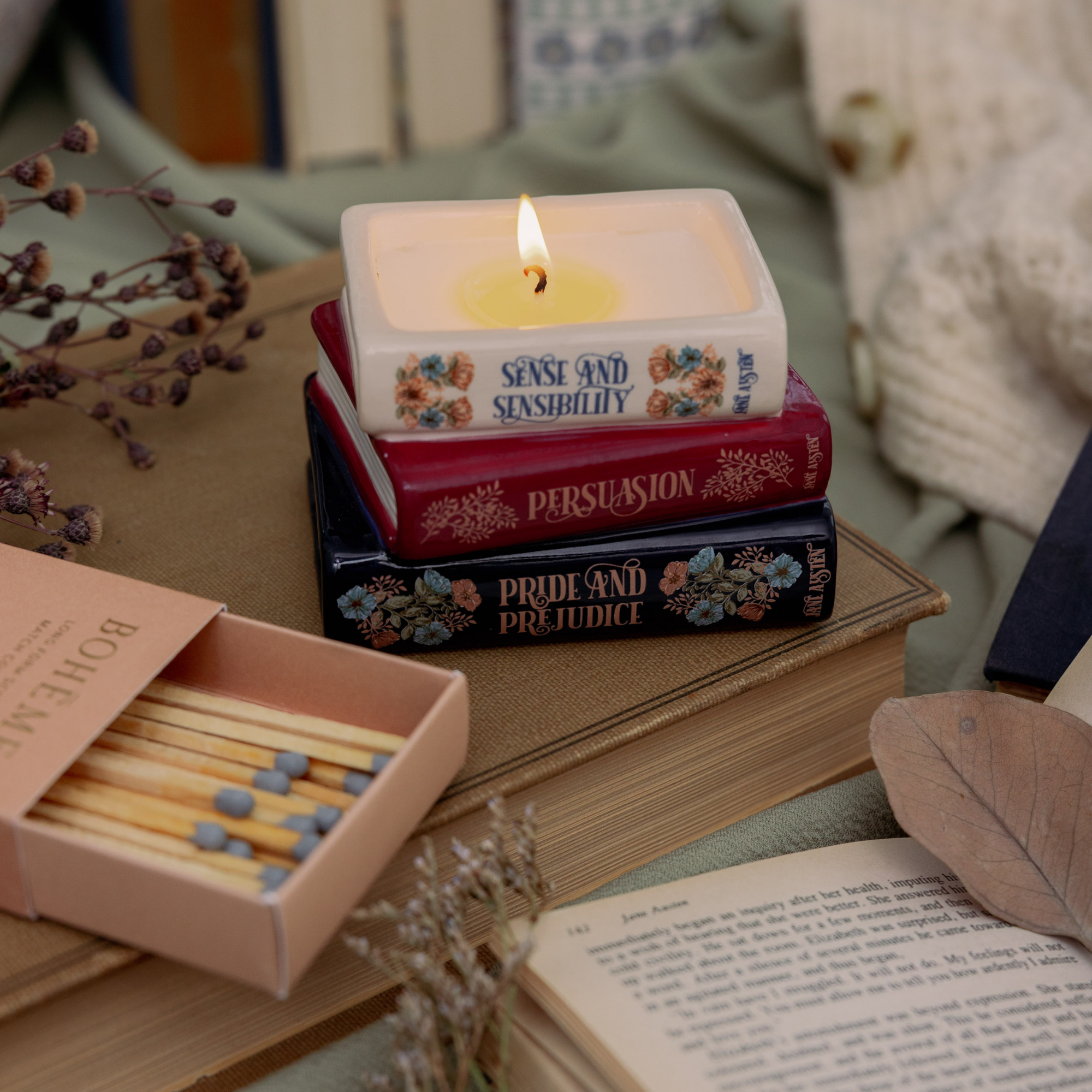 Book Stack Shaped Candle, Jane Austen (Tea and Honey)