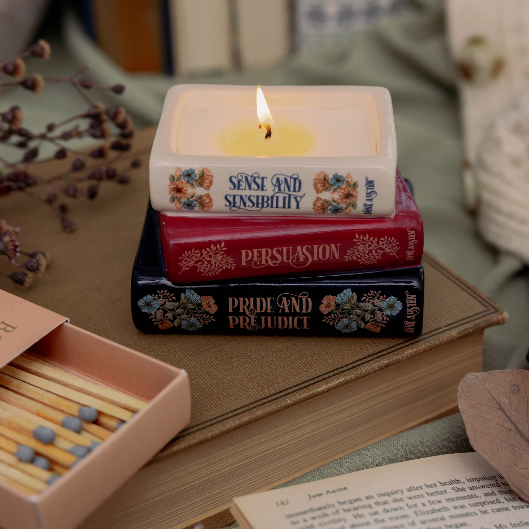 Book Stack Shaped Candle, Jane Austen (Tea and Honey)