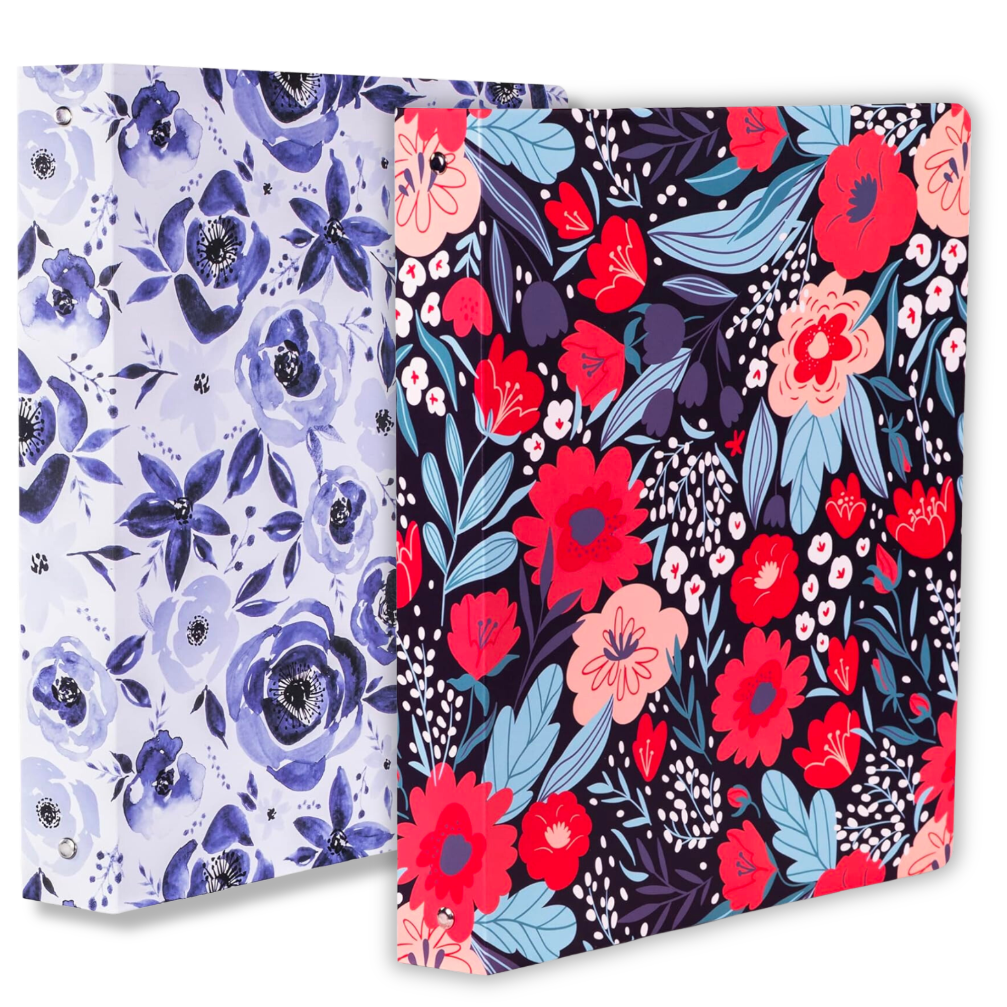 Three Ring Binder, Blue Watercolor and Folk Floral, 2 Pack