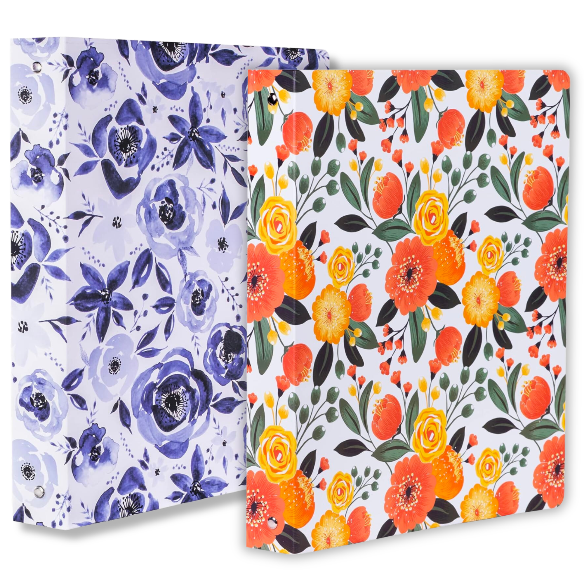 3 Ring Binder, Blue Watercolor and Orange Floral, 2 Pack
