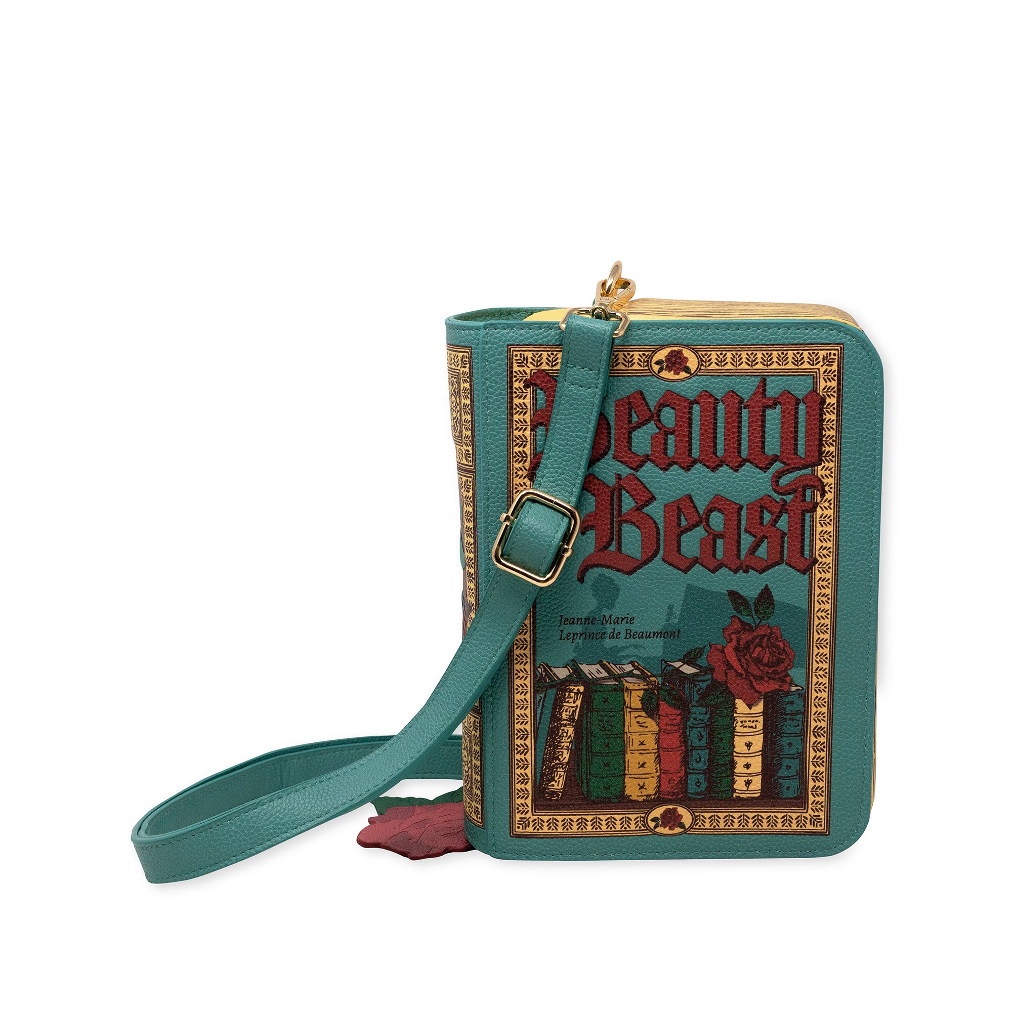 teal beauty and the beast book shaped crossbody book with strap