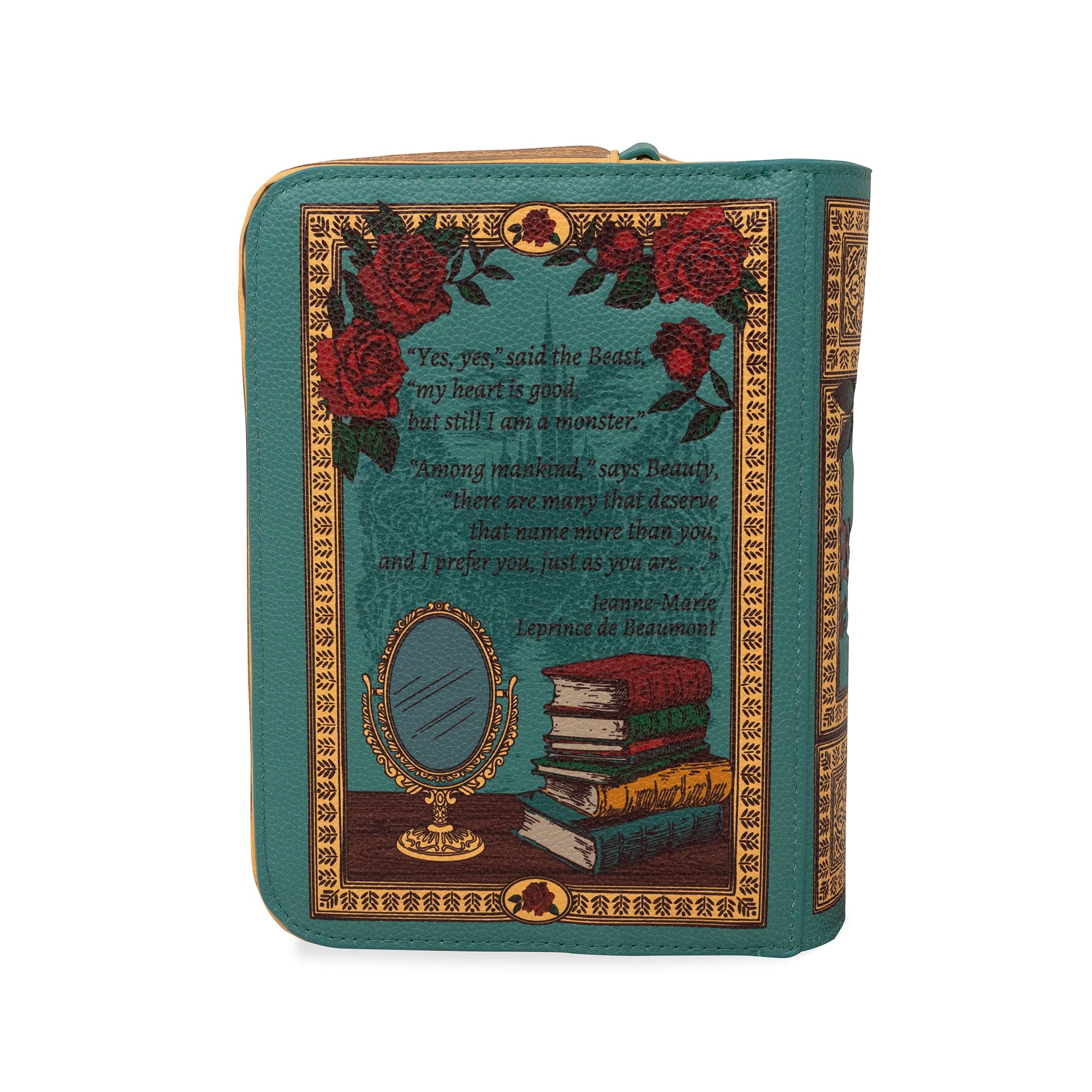 back view of teal beauty and the beast book shaped crossbody book