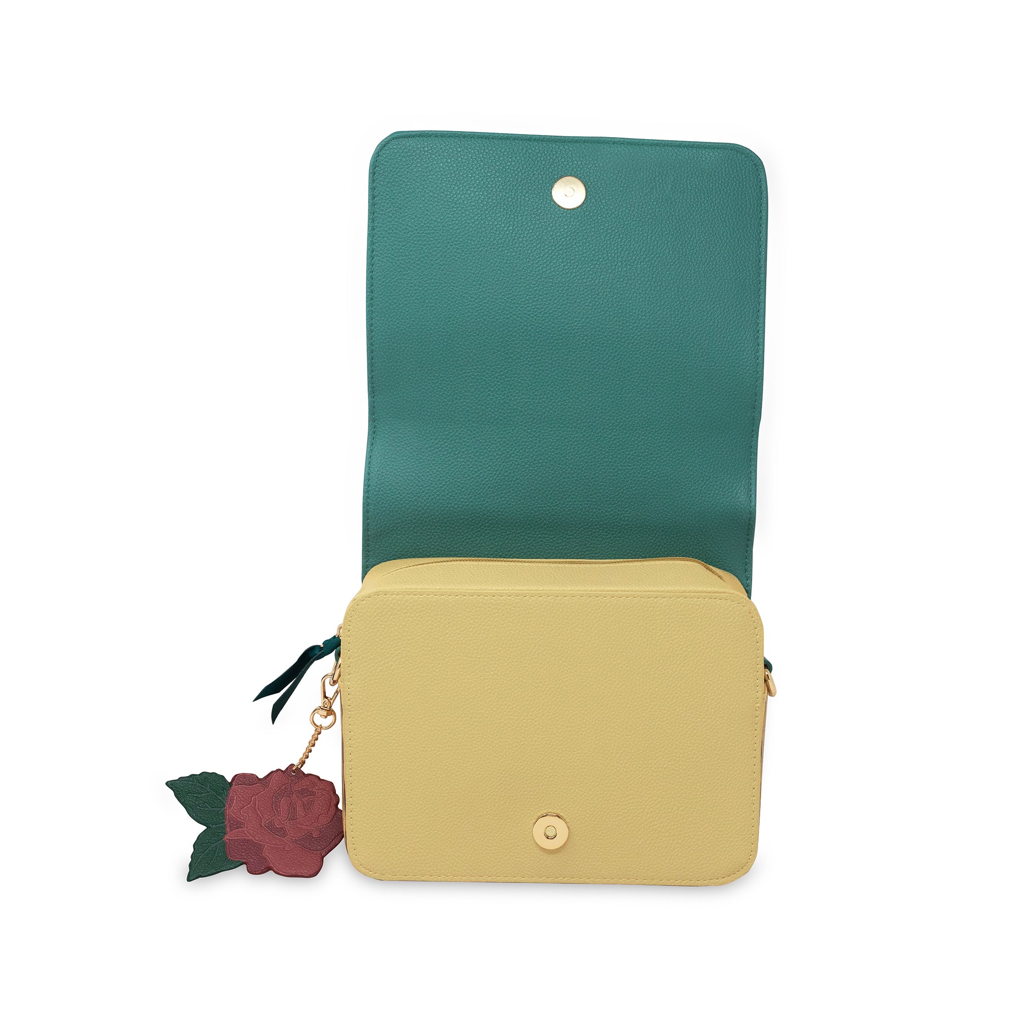 yellow inside of teal beauty and the beast book shaped crossbody book
