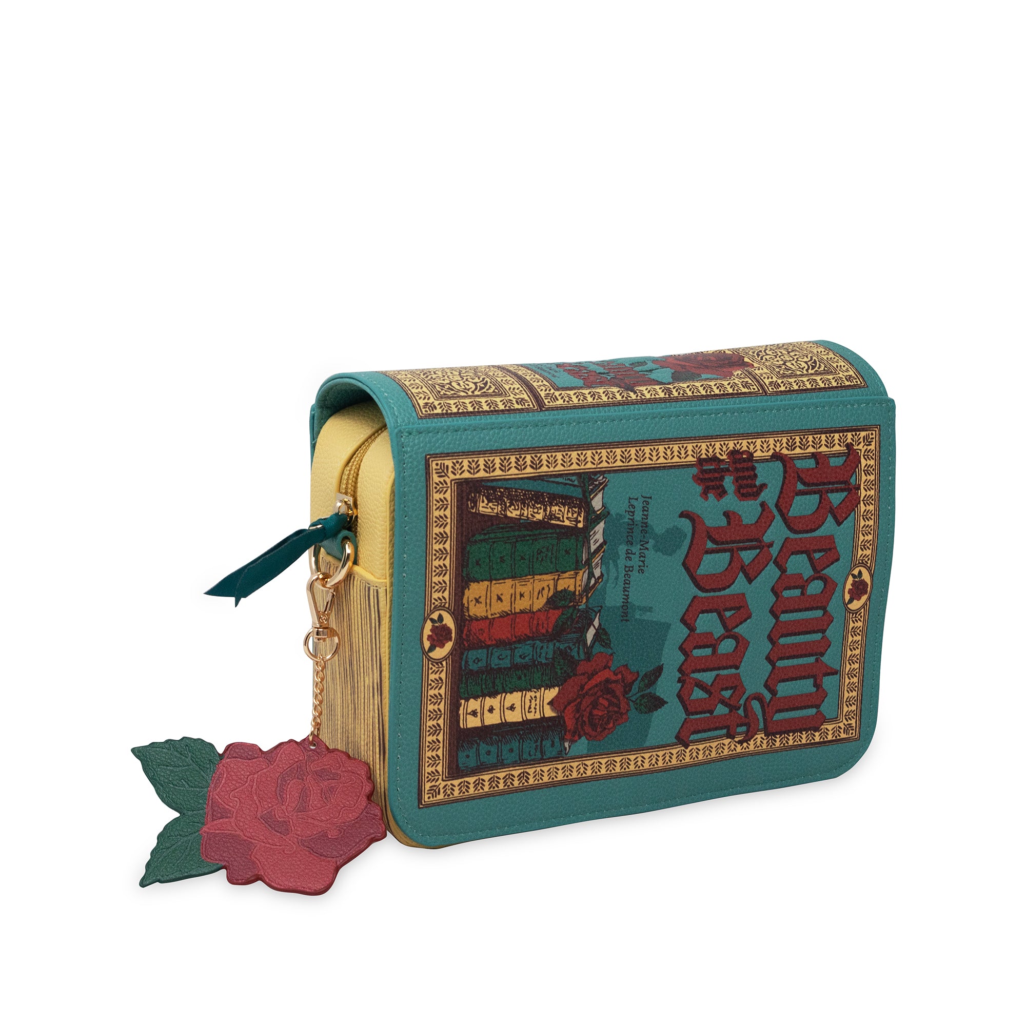side view of teal beauty and the beast book shaped crossbody book