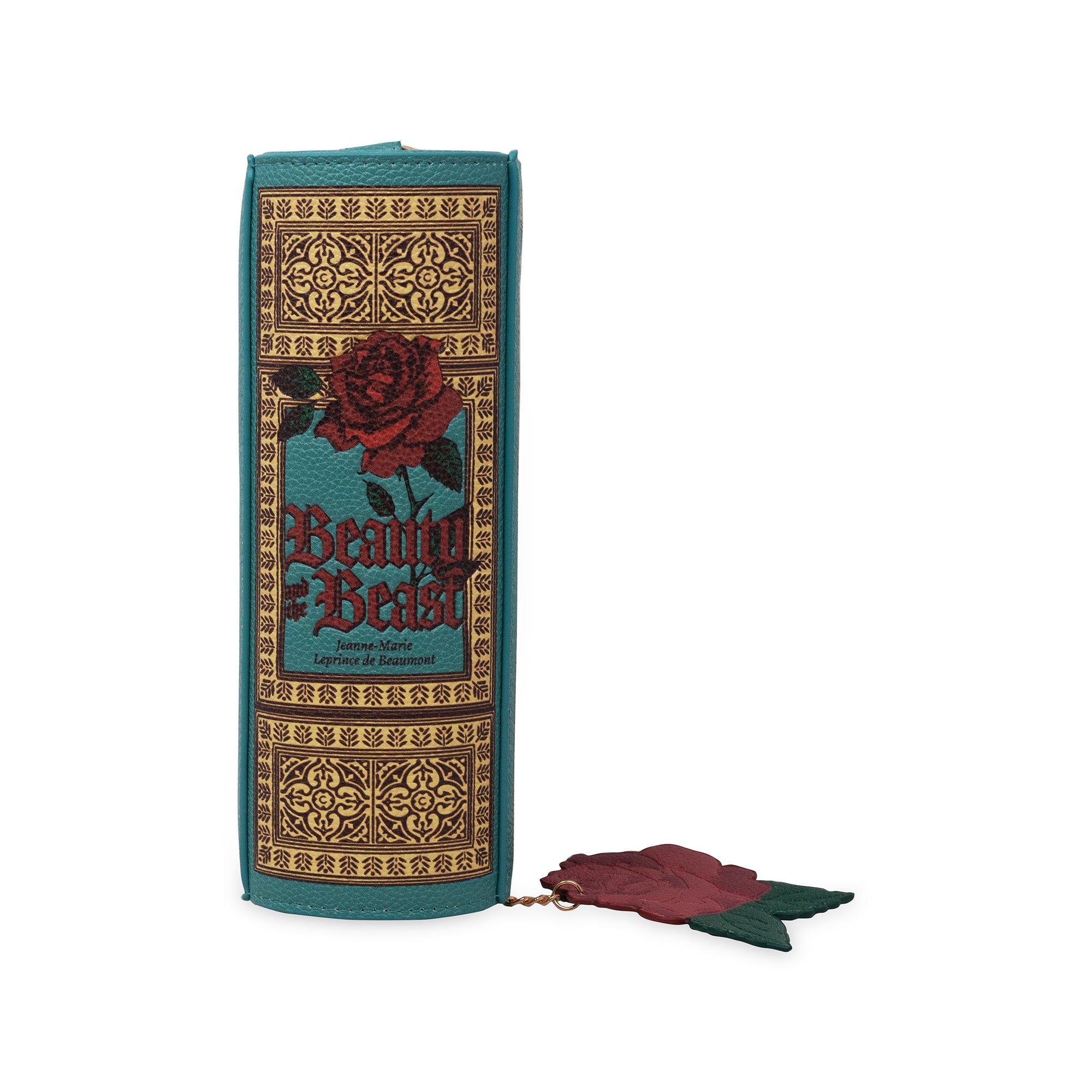 spine of teal beauty and the beast book shaped crossbody book