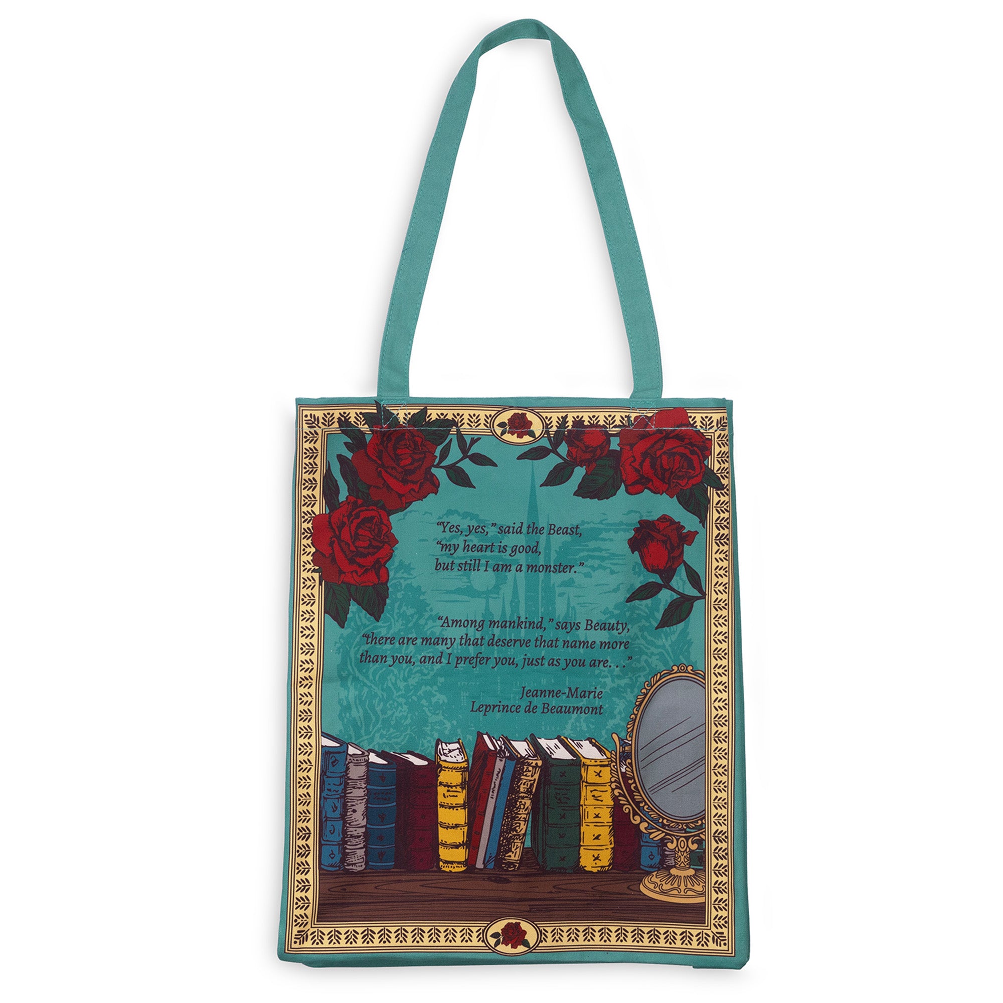 Tote bag with floral design, books, and mirror on a white background