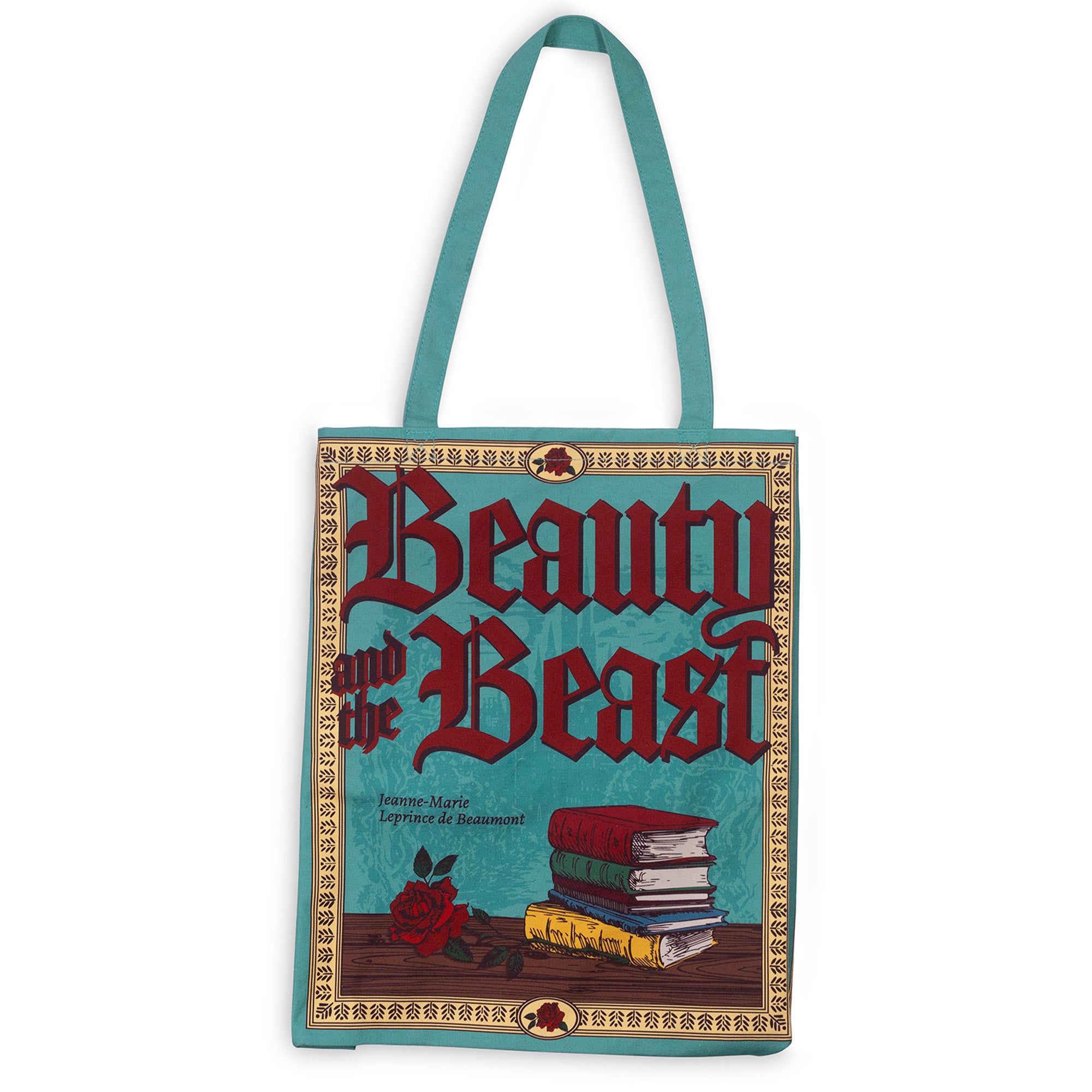 Tote bag with 'Beauty and the Beast' book cover design on a white background