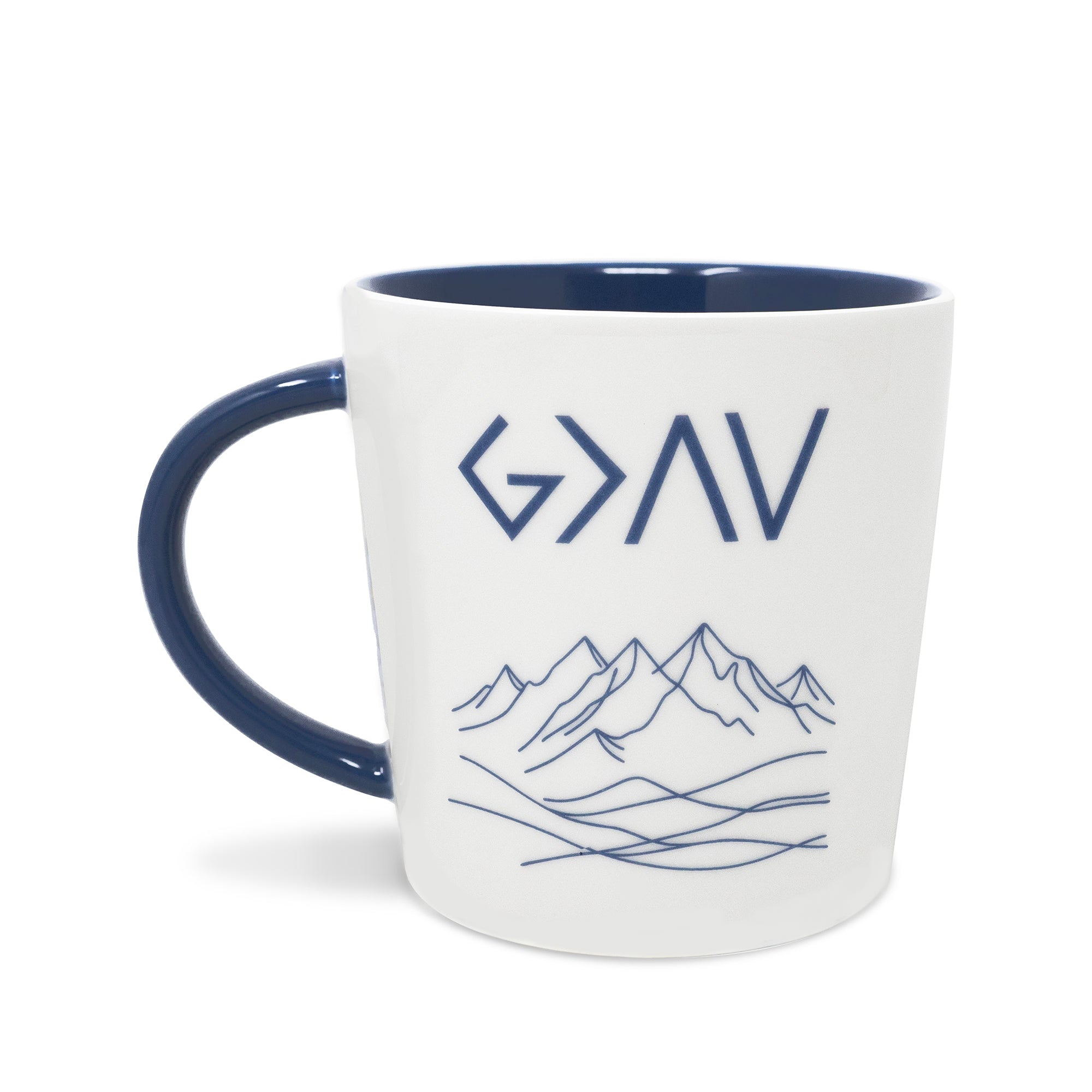 White mug with blue interior, handle, and mountain design on a white background
