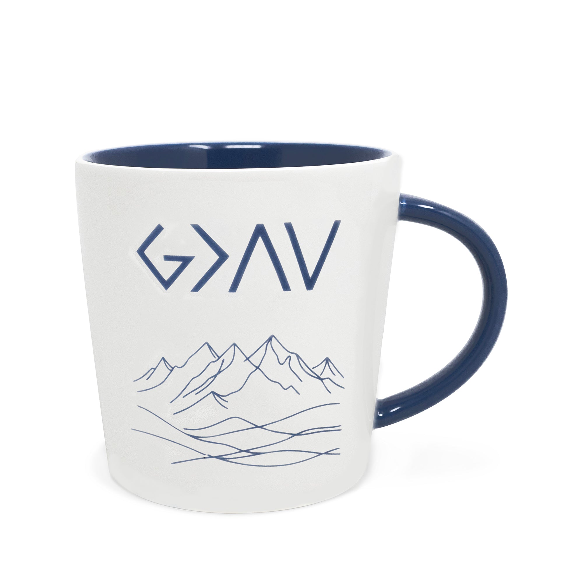 White mug with blue interior and handle, featuring 'G>AV' text and mountain design on a white background.