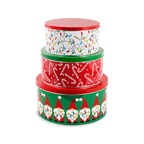 Steel Mill & Co Tin Containers with Lids, 3 Pack Christmas Cookie Tins, Festive Cookie Tins for Gift Giving & Holiday Treats, Round Metal Nesting