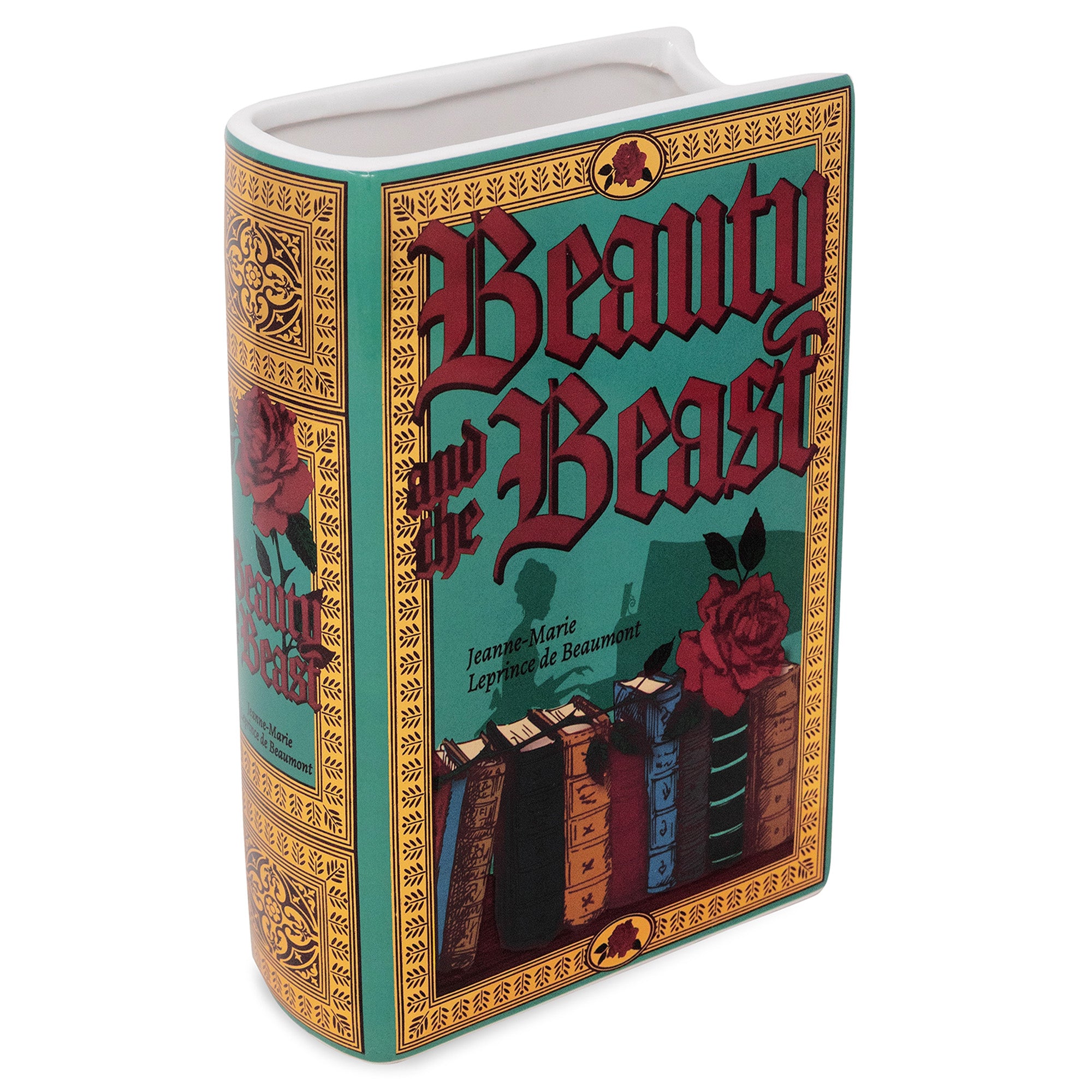 teal book shaped vase with beauty and the beast cover