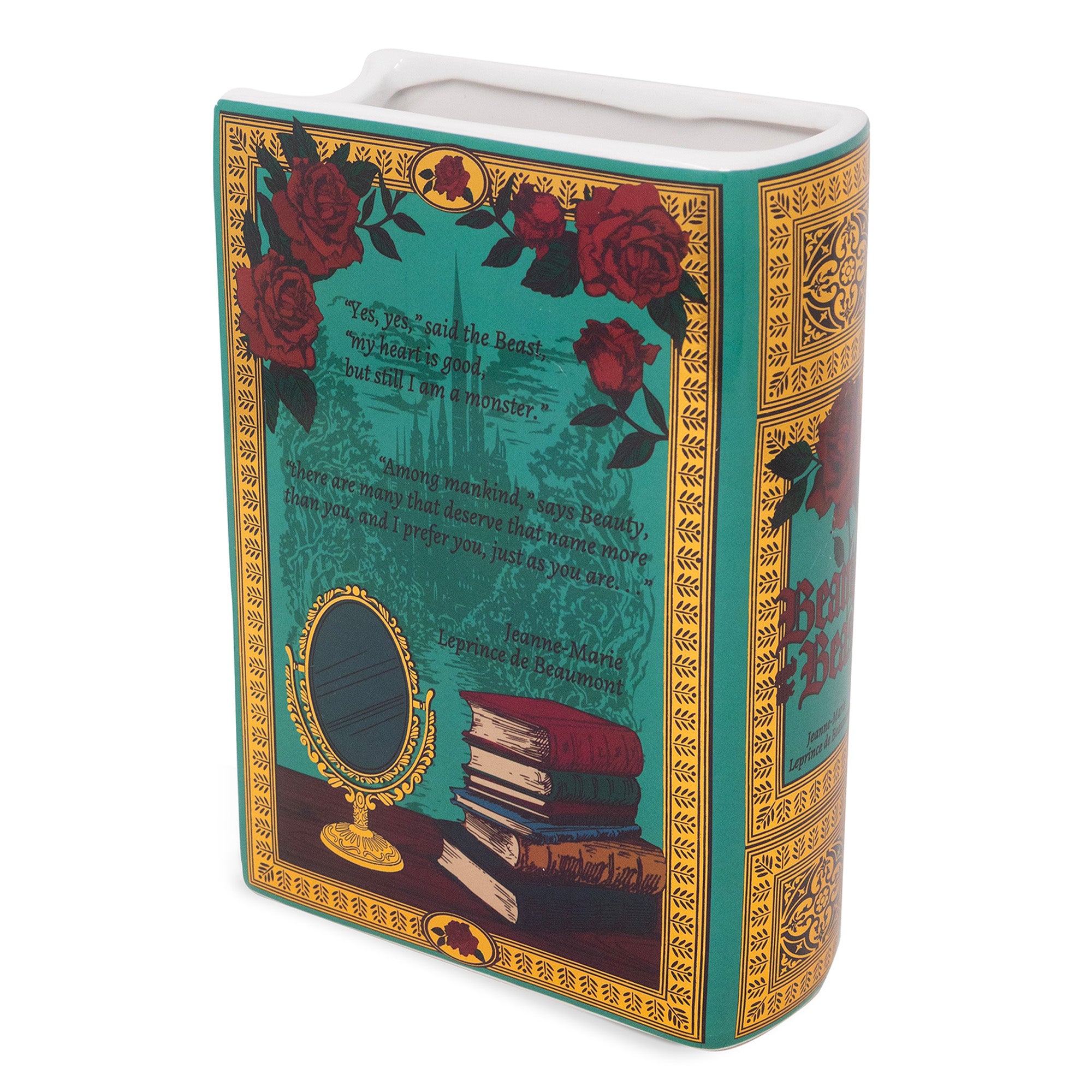 back view of teal book shaped vase with beauty and the beast cover