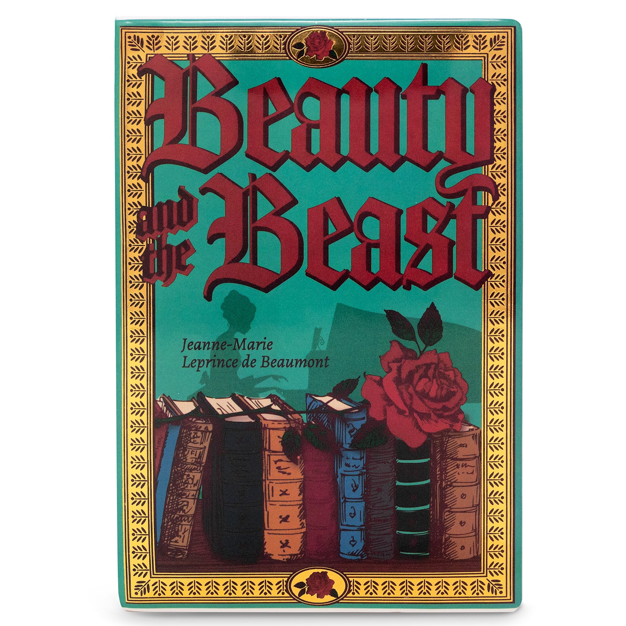 front view of teal book shaped vase with beauty and the beast cover