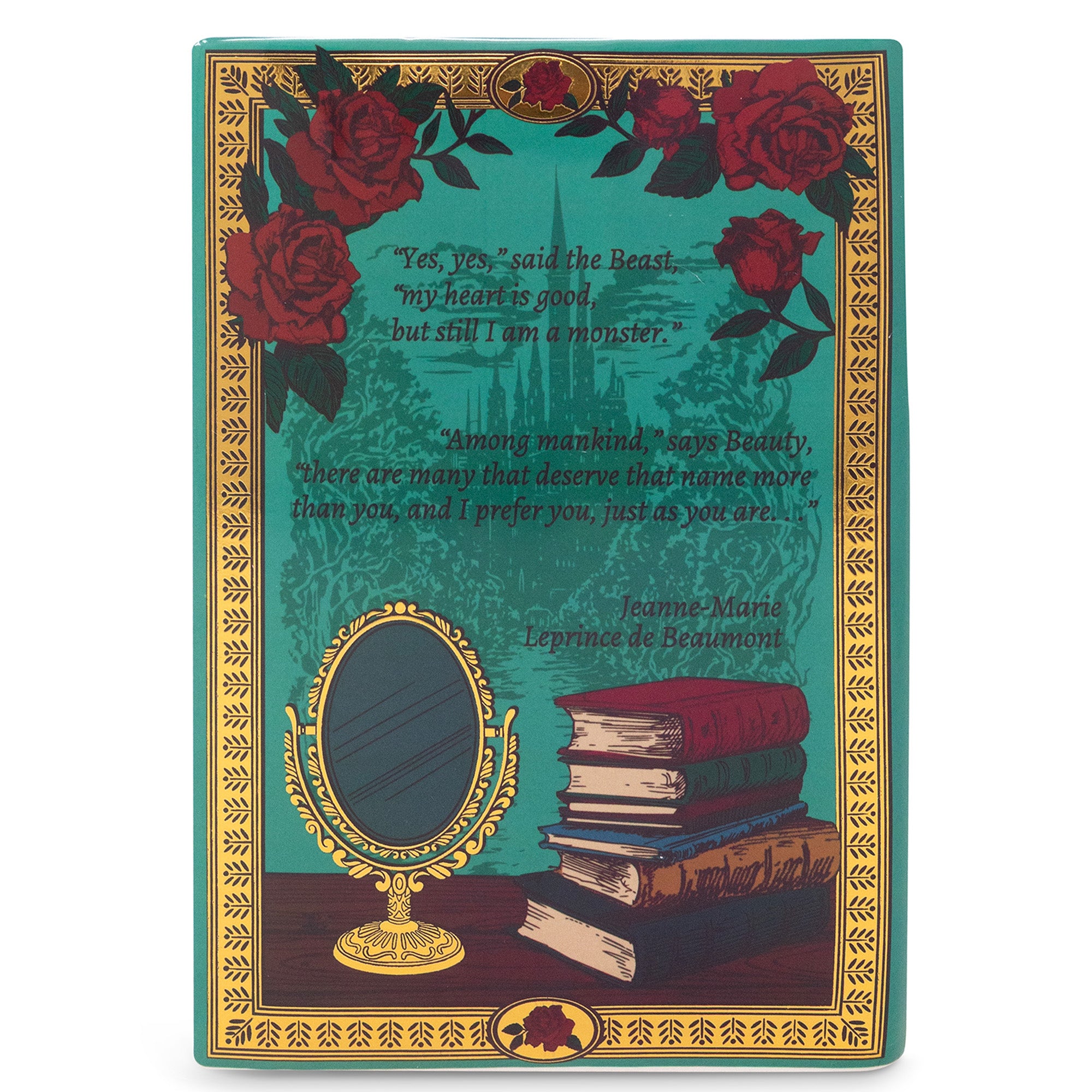 teal book shaped vase with beauty and the beast cover