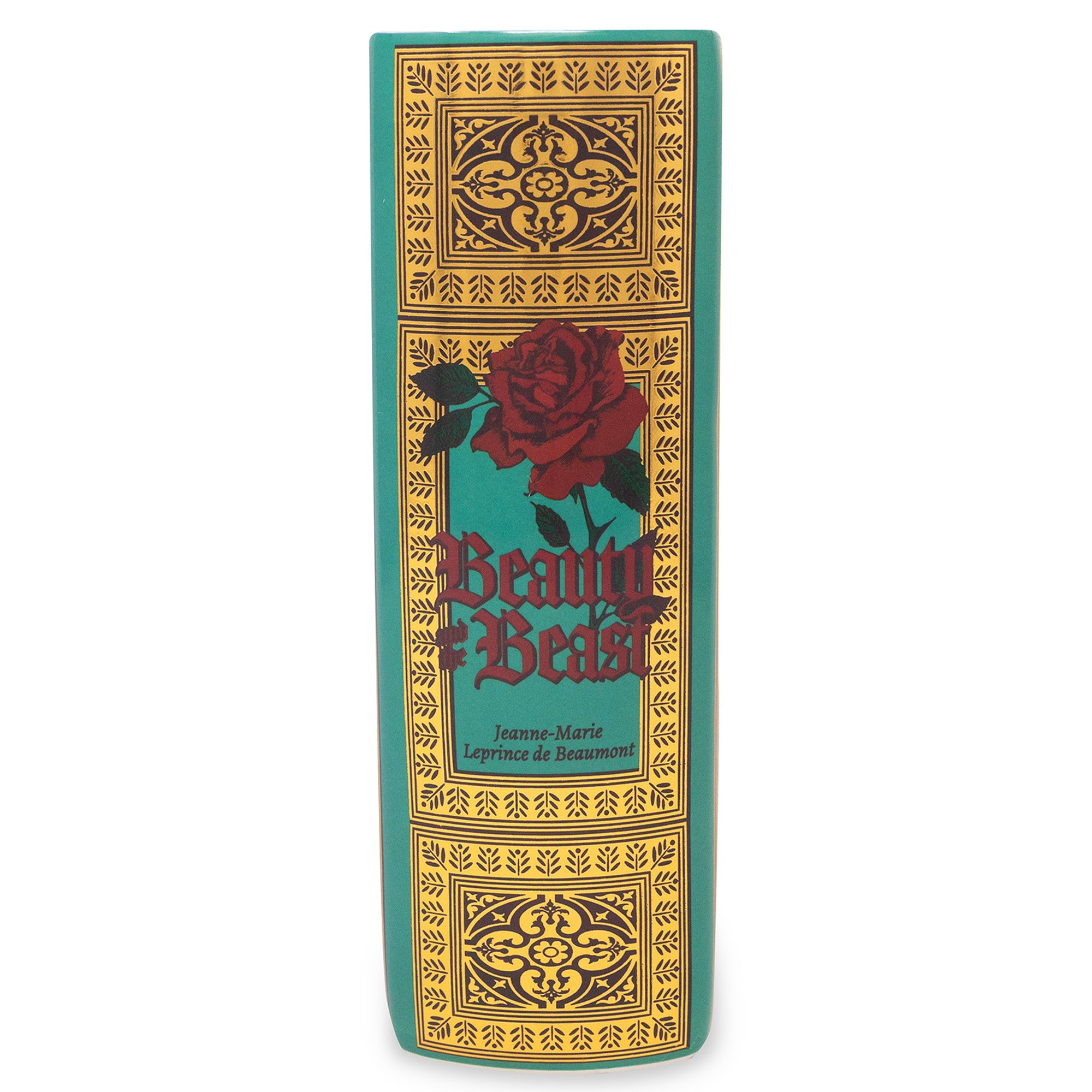 spine of teal book shaped vase with beauty and the beast cover