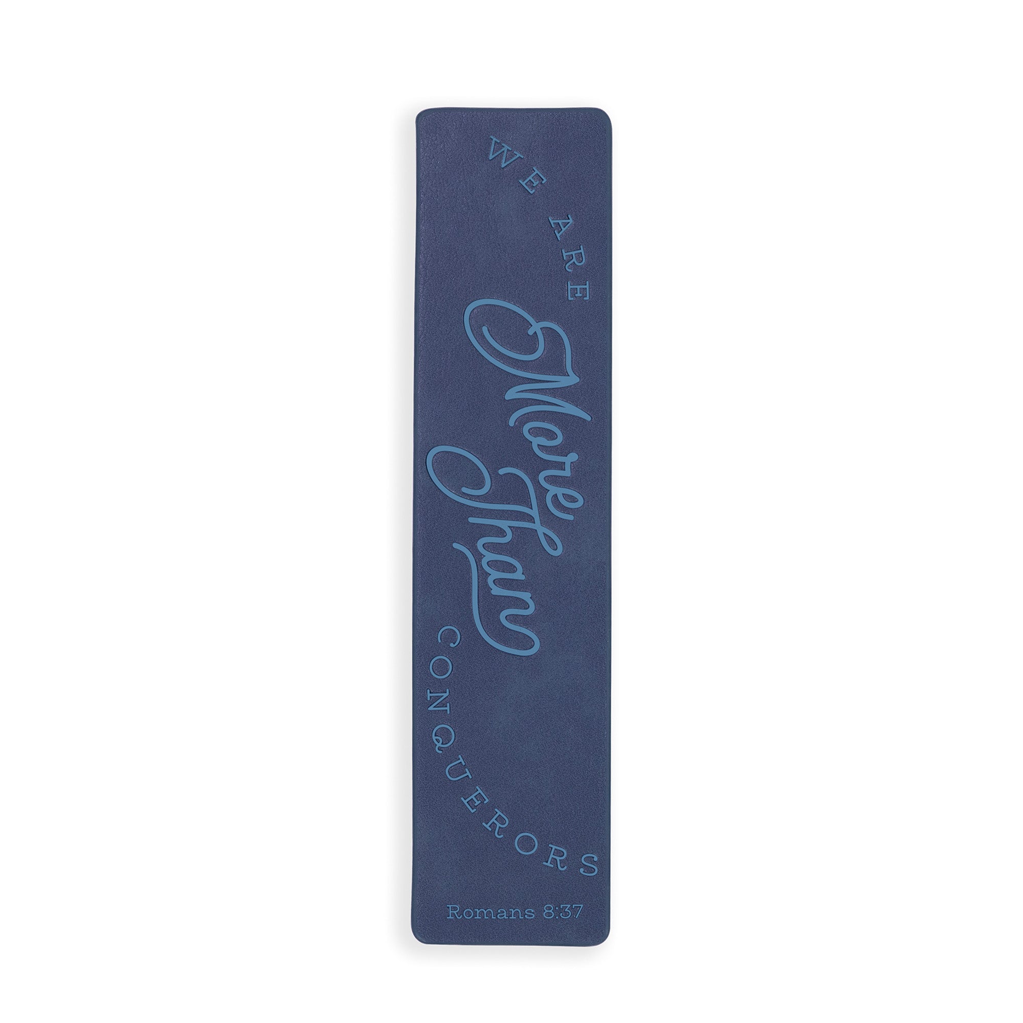 Navy blue leatherette bookmark with light blue 'we are more than conquerors - Romans 8:37'