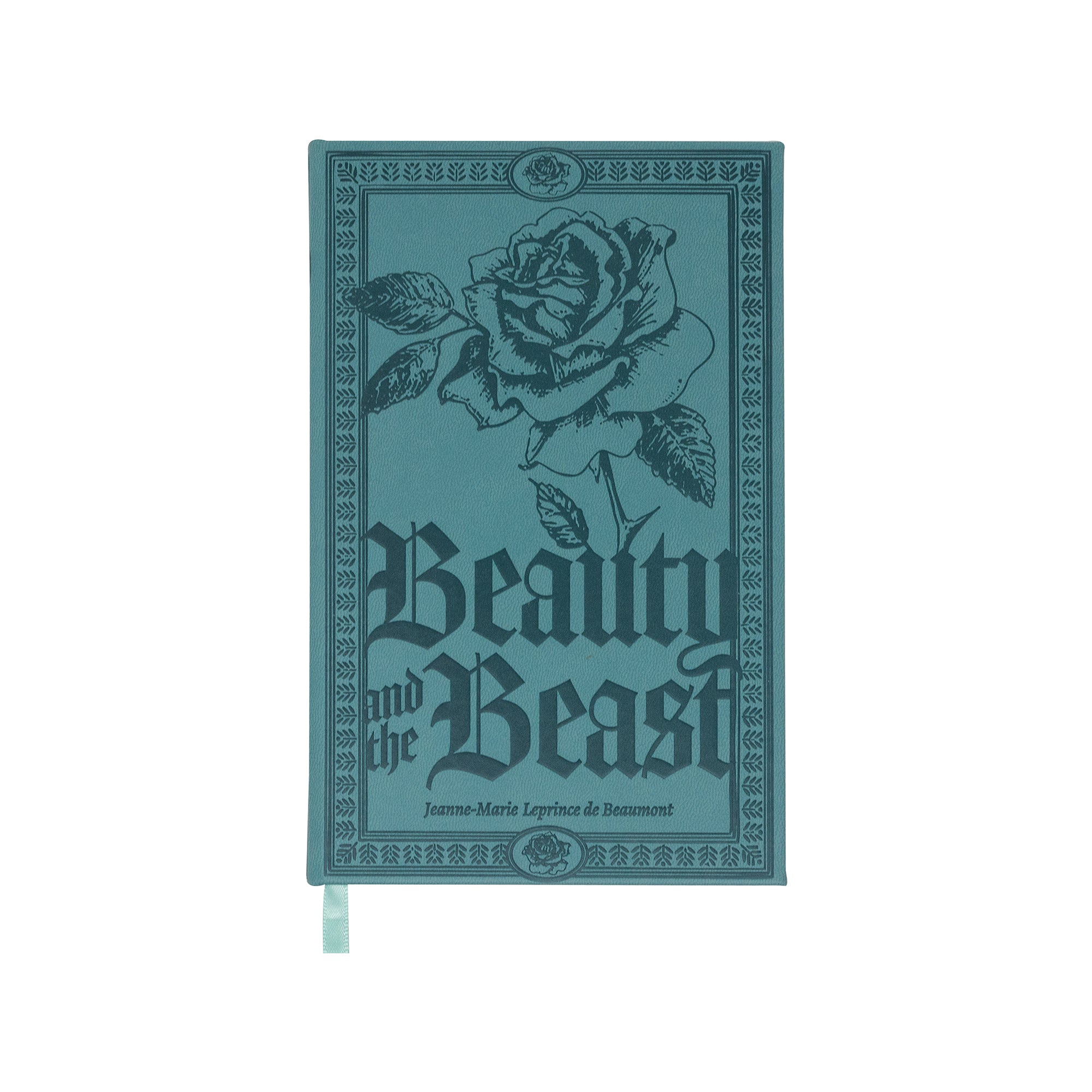 Teal notebook with rose design and 'Beauty and the Beast' text on a white background