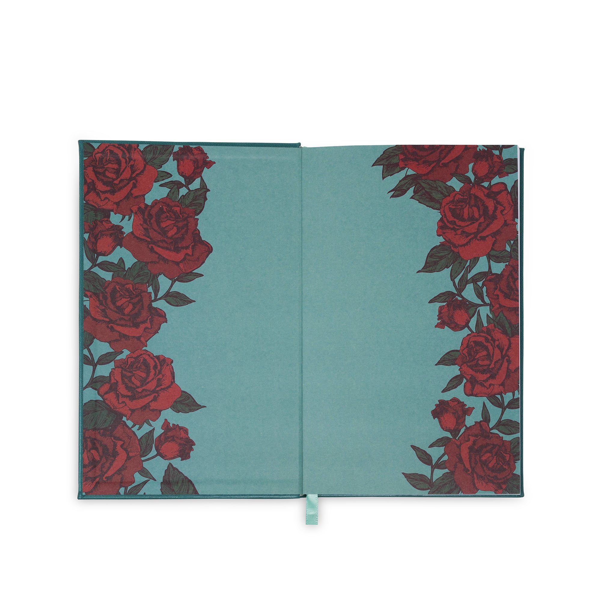 Teal notebook with red rose pattern on a white background
