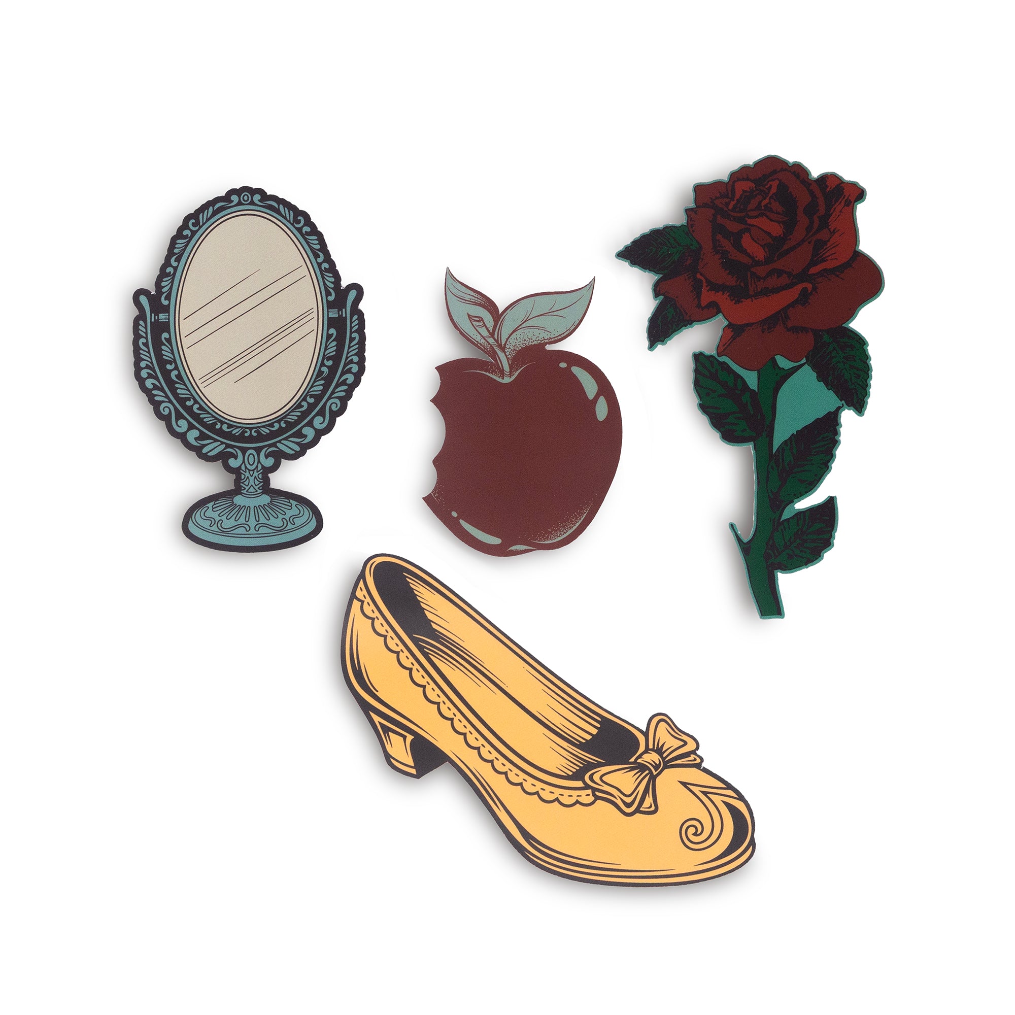 Set of decorative bookmarks including a mirror, apple, rose, and shoe on a white background