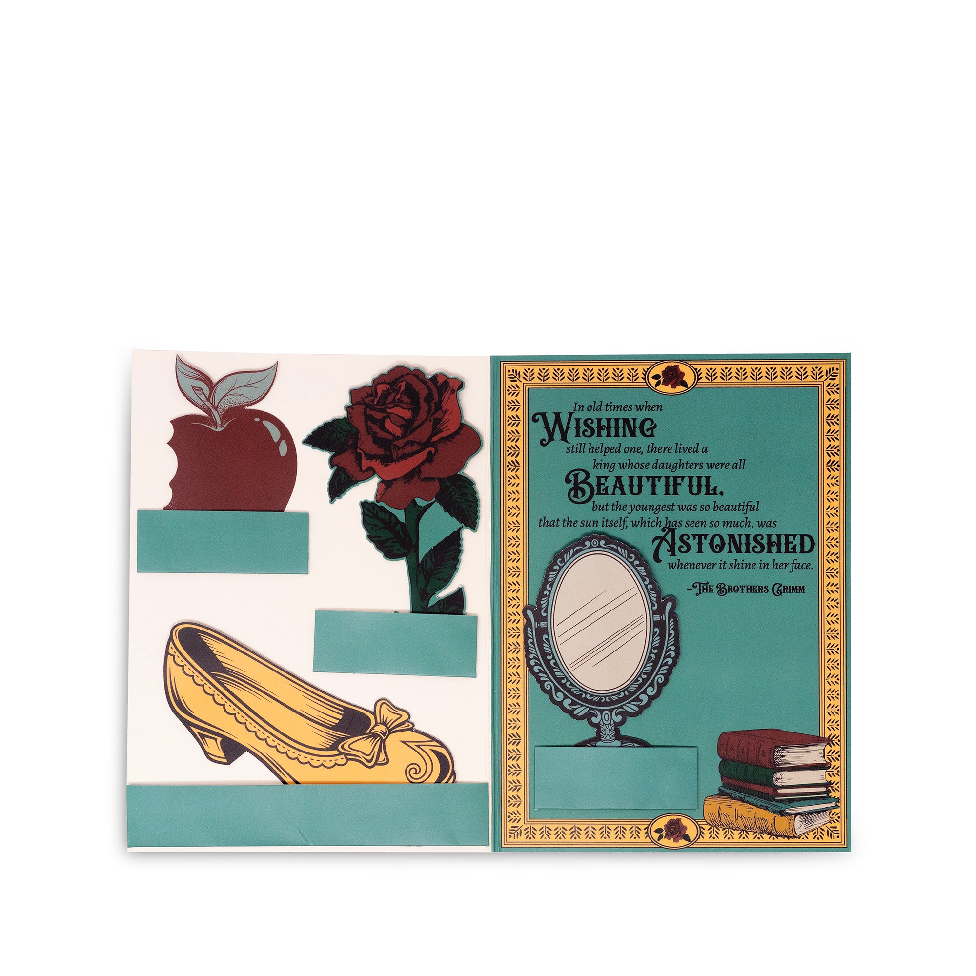 Decorative card with vintage-style illustrations of a shoe, rose, apple, and mirror on a white background.