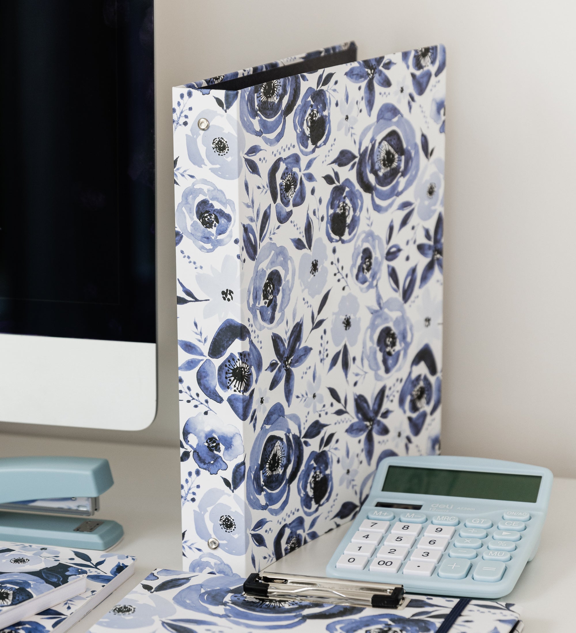 Three Ring Binder, Blue Watercolor