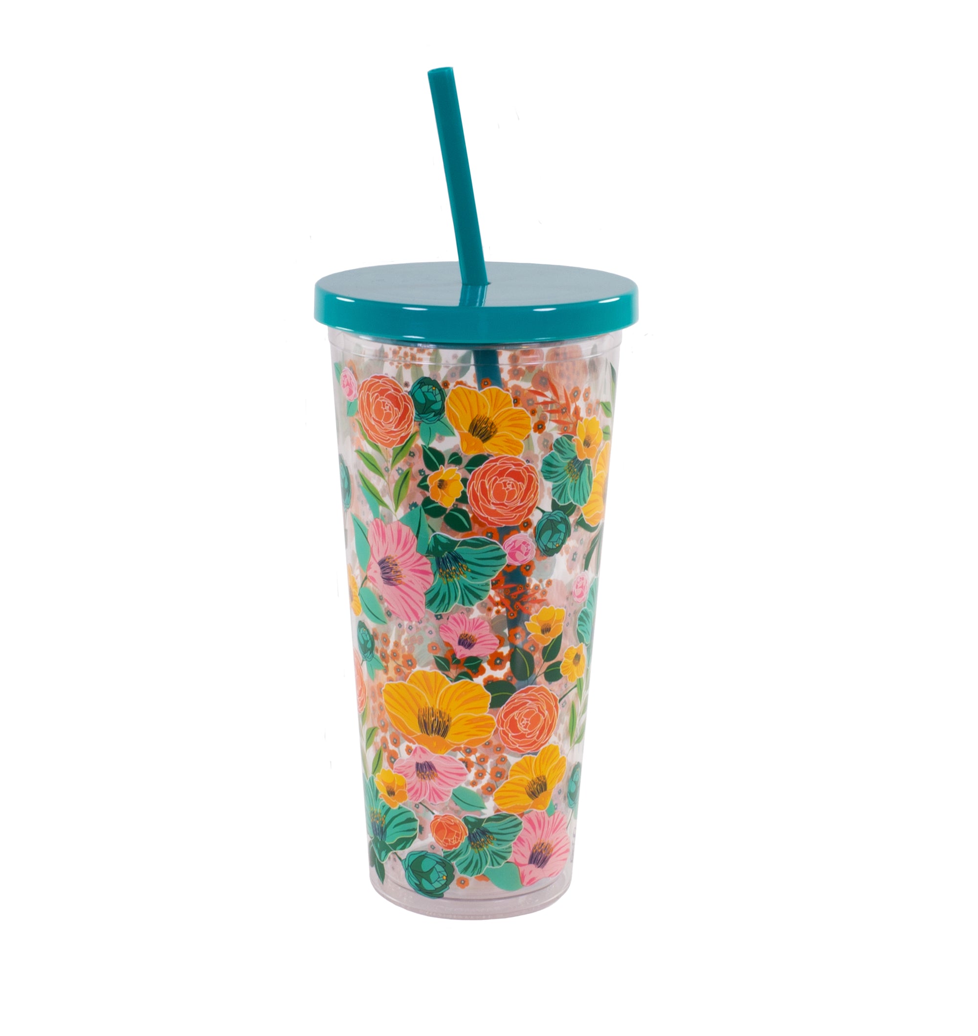 Tumbler with Straw, Garden Blooms Clear