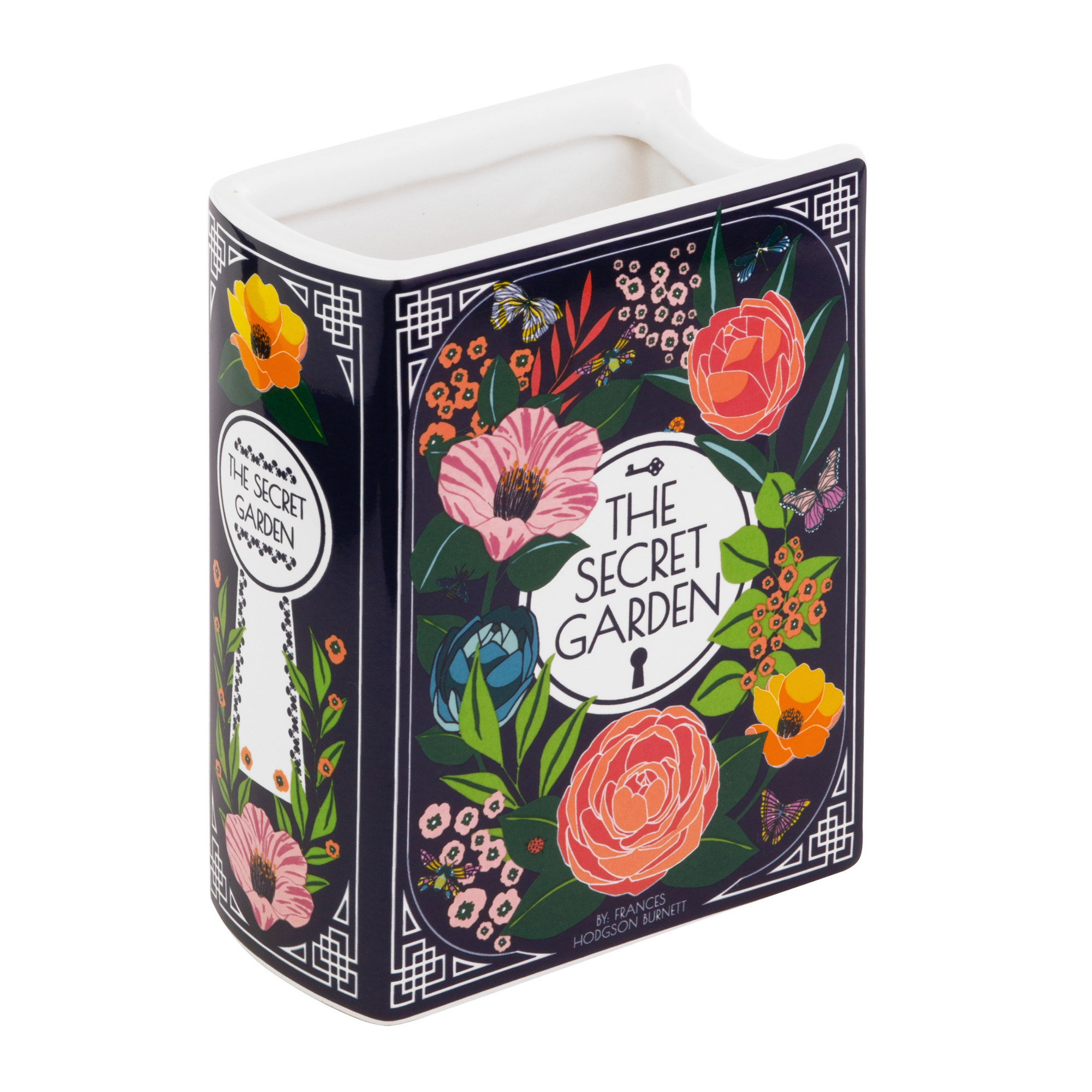 ceramic book vase printed in bright flowers with the novel title The Secret Garden by Frances Hodgson Burnett