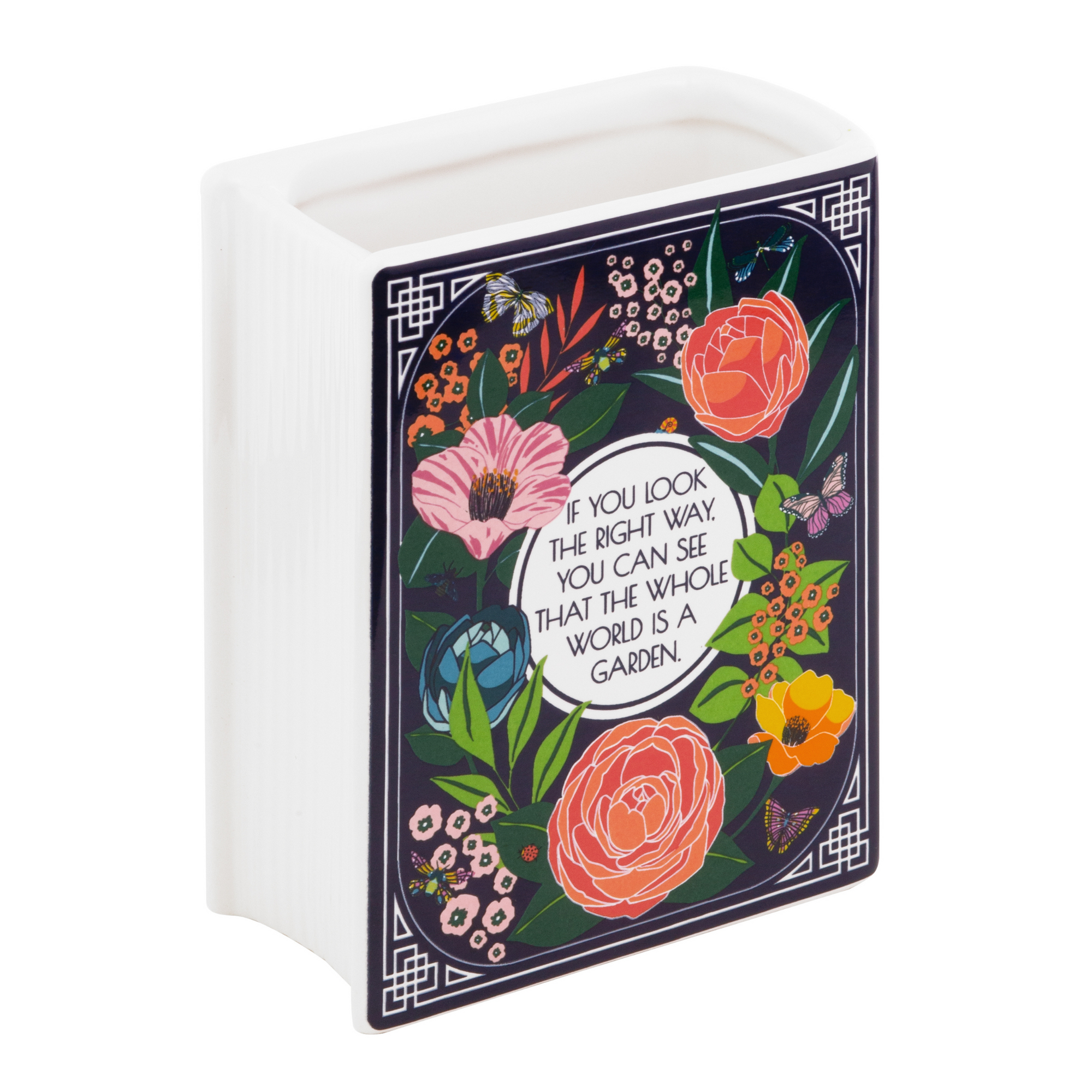 ceramic book vase printed in bright flowers with the novel title The Secret Garden by Frances Hodgson Burnett