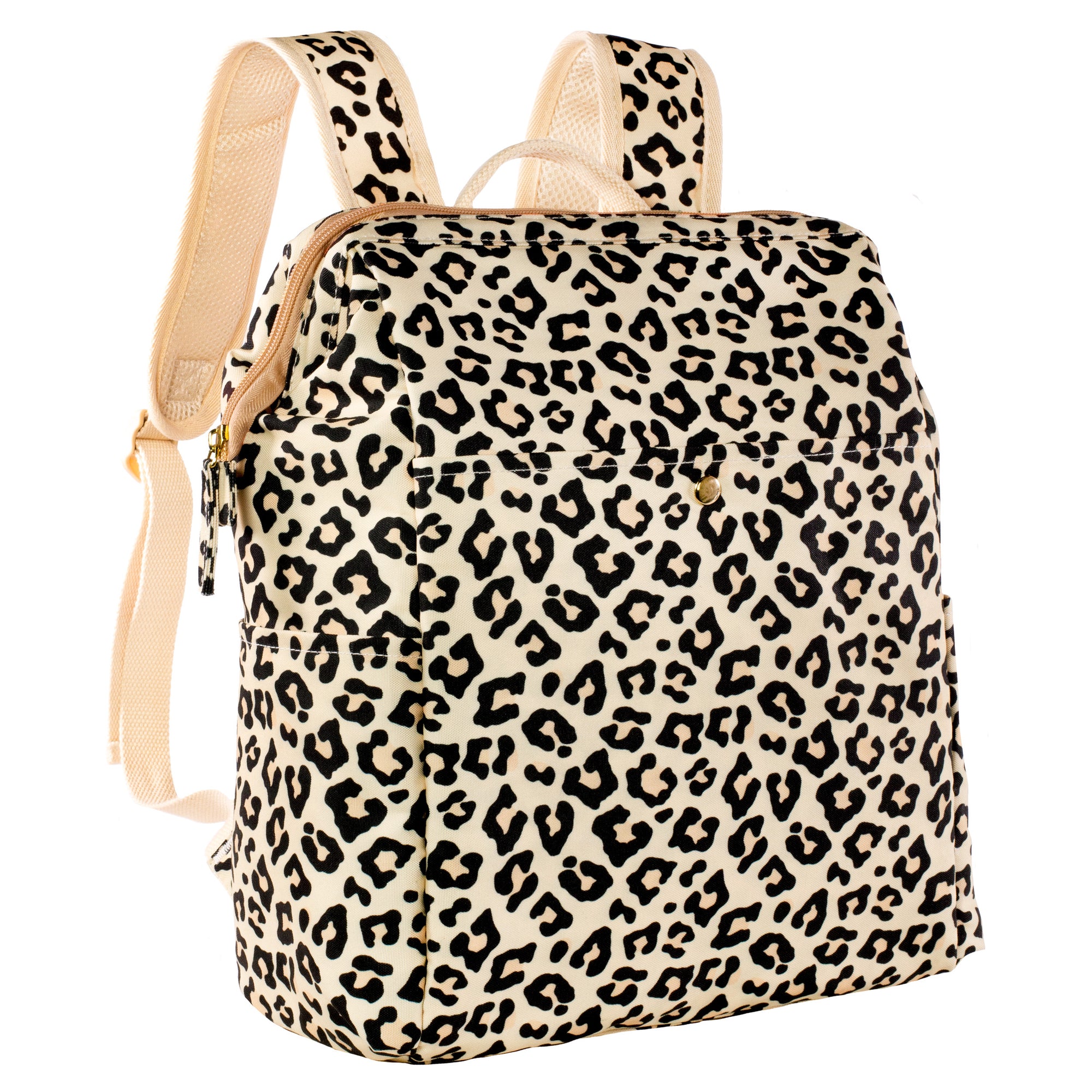 leopard print backpack cooler with insulated interior lining for picnics, hiking, and beach days