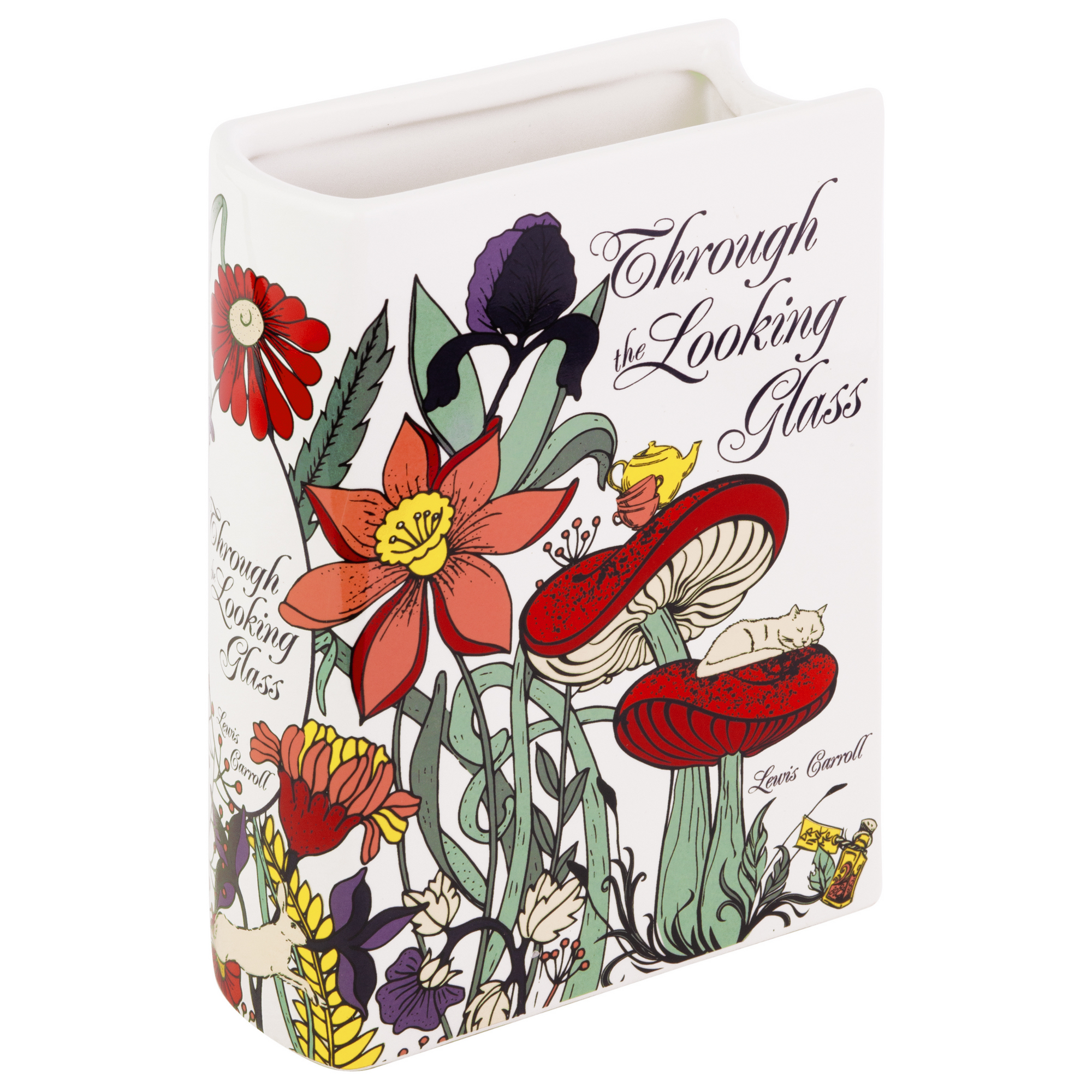 ceramic book vase printed in bold flowers with the novel title Through the Looking-Glass by Lewis Carroll