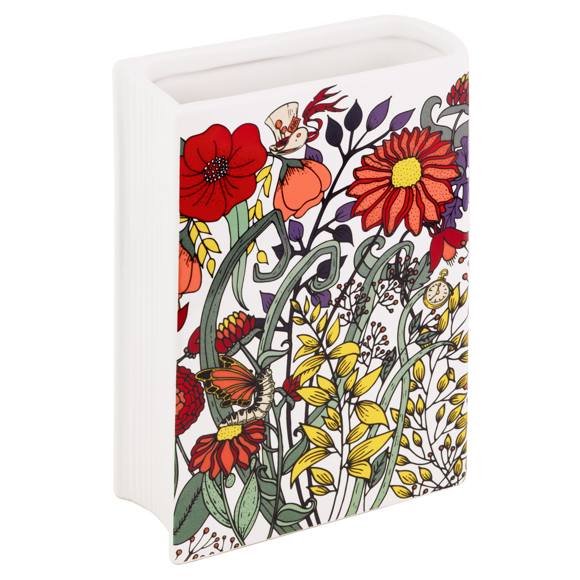 ceramic book vase printed in bold flowers with the novel title Through the Looking-Glass by Lewis Carroll