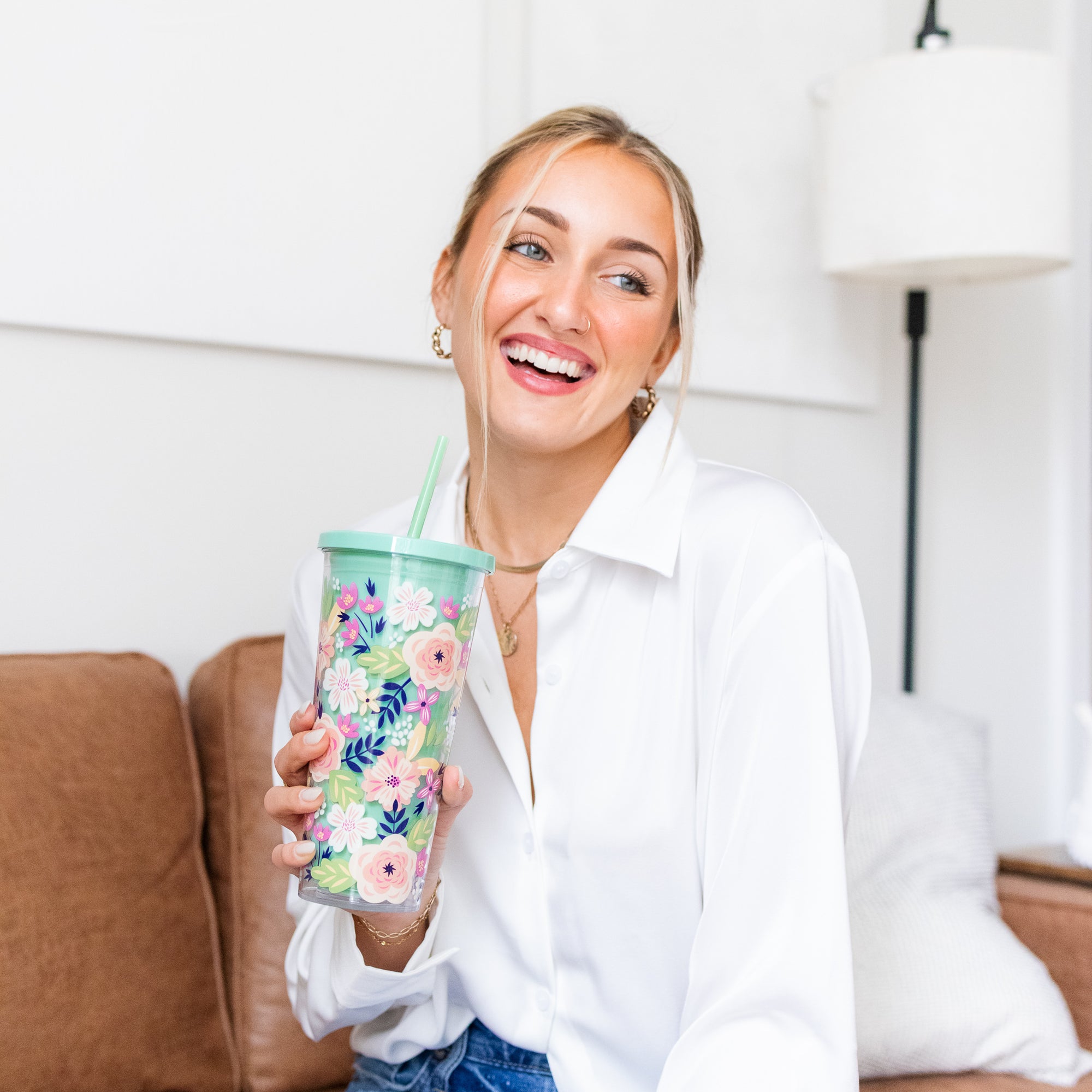 Tumbler with Straw, Mint Floral