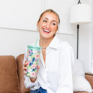 Tumbler with Straw, Mint Floral