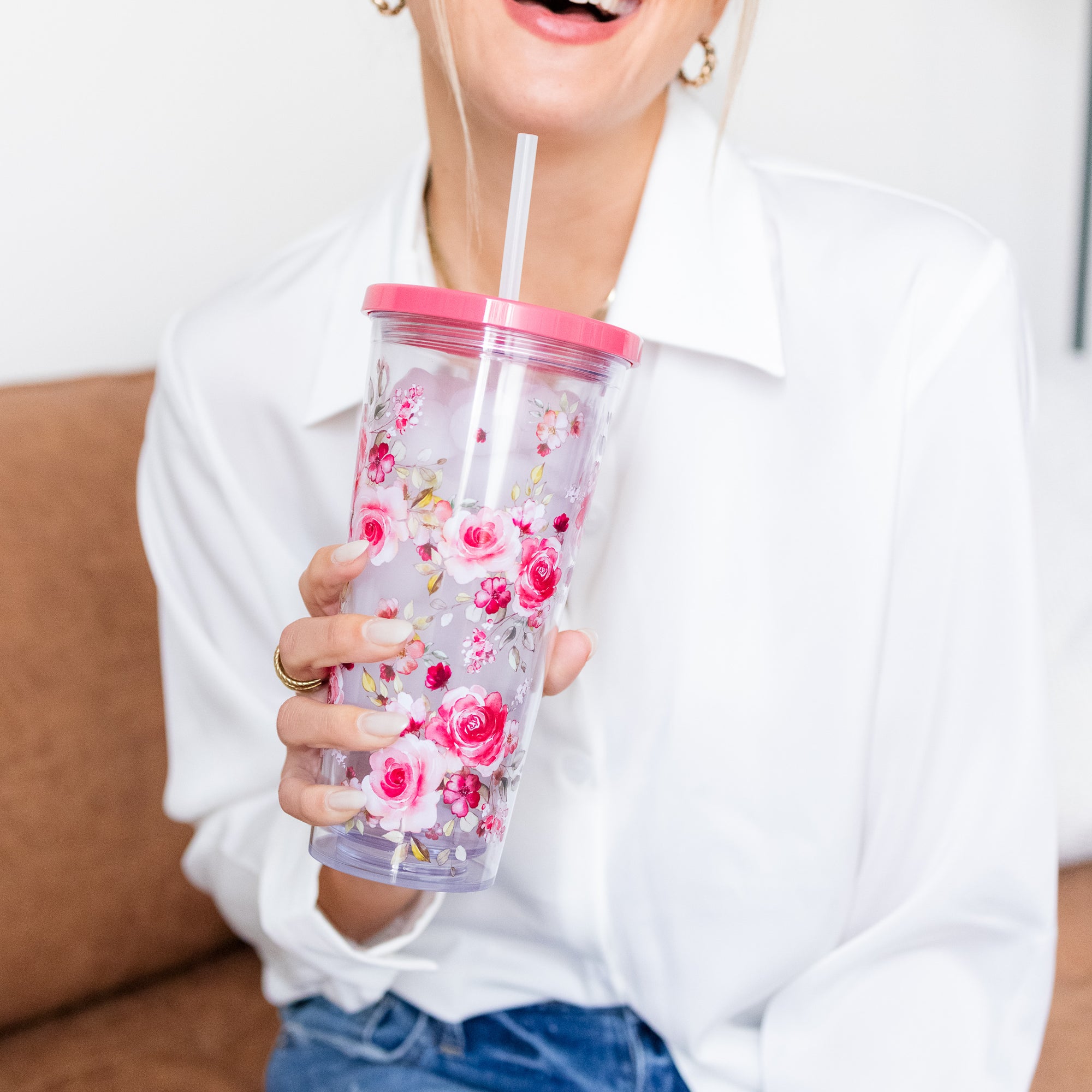 Tumbler with Straw, Rose Floral