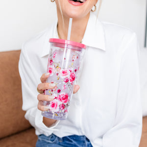 Tumbler with Straw, Rose Floral