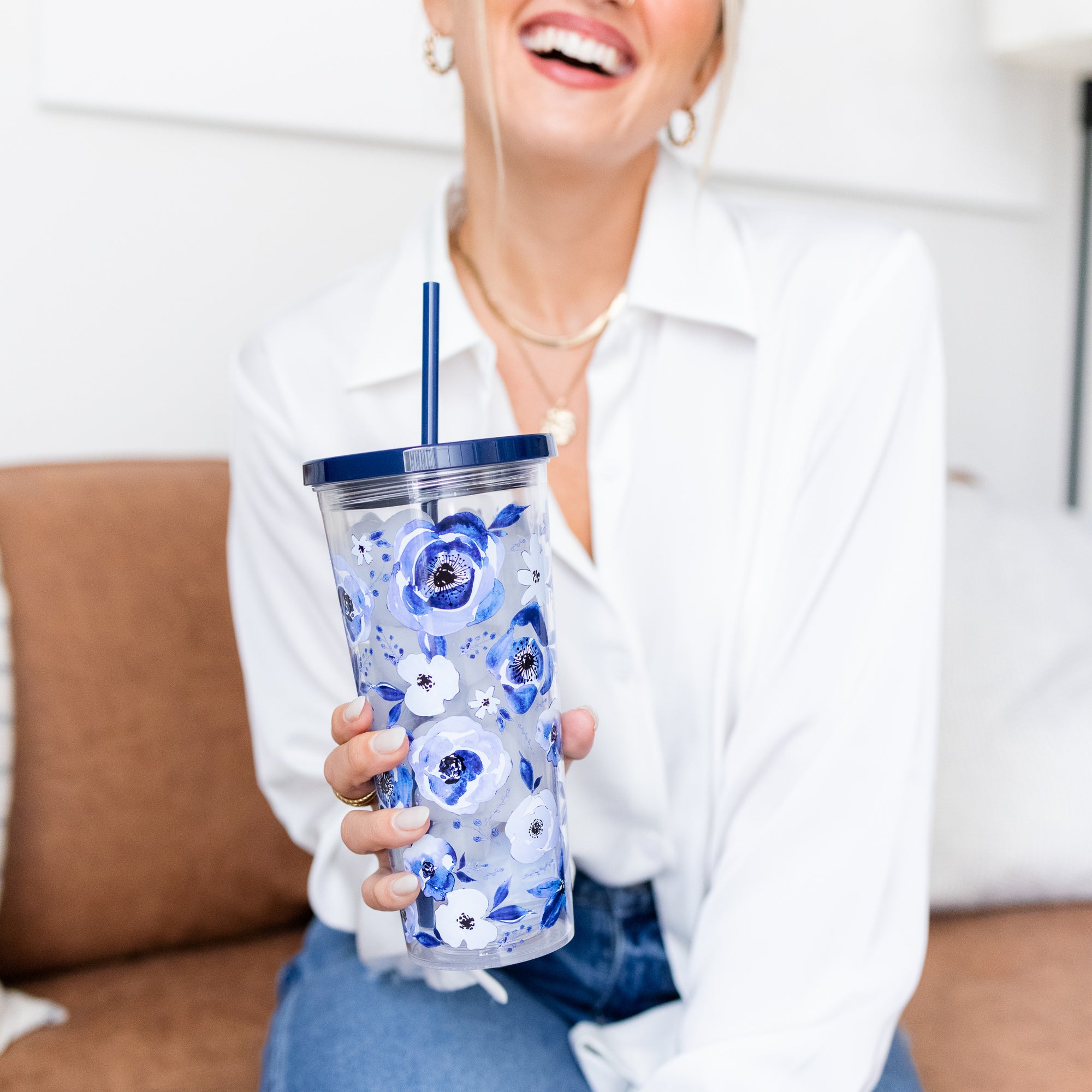 Tumbler with Straw, Blue Watercolor