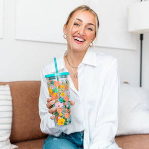 Tumbler with Straw, Garden Blooms Clear