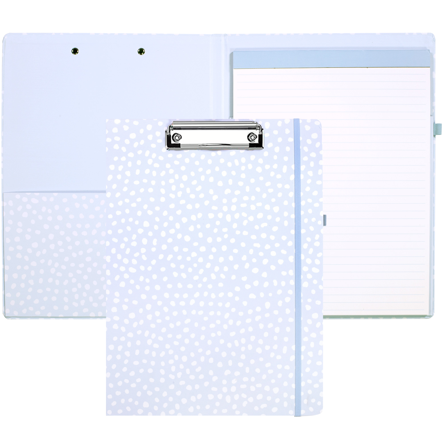 cute clipboard folio with light blue hardcover with white polka dots and lined notepad for professional use 
