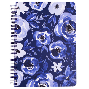 mini spiral notebook with blue watercolor floral hardcover, metal spiral and 160 lined pages for school or office supplies