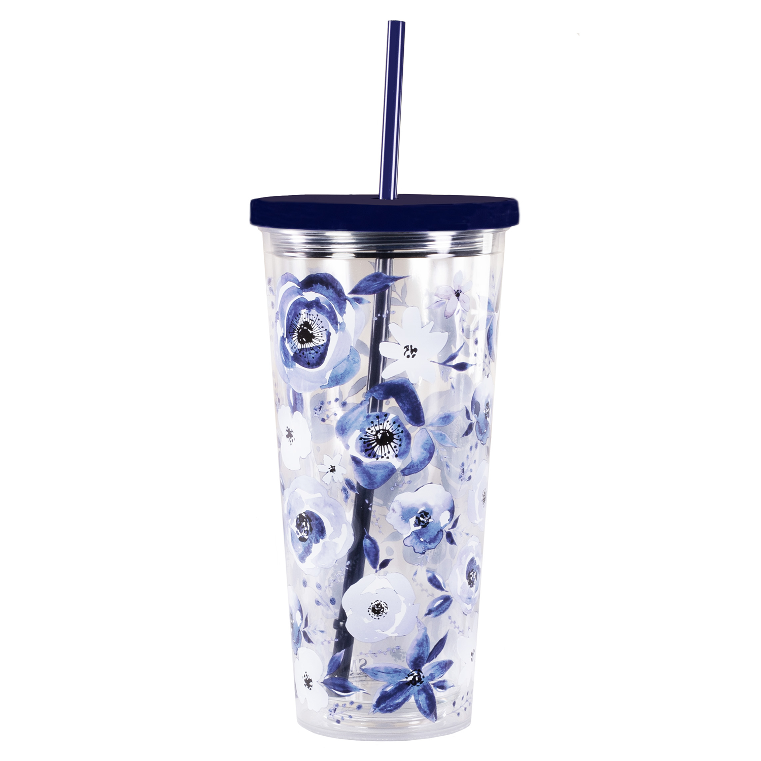 Tumbler with Straw, Blue Watercolor